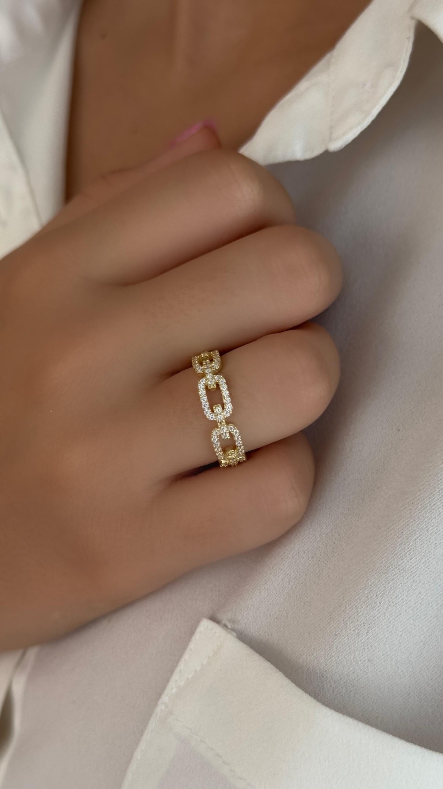 Adjustable Sterling Silver Chain Link Ring: Cubic Zirconia, 14K Gold Plated