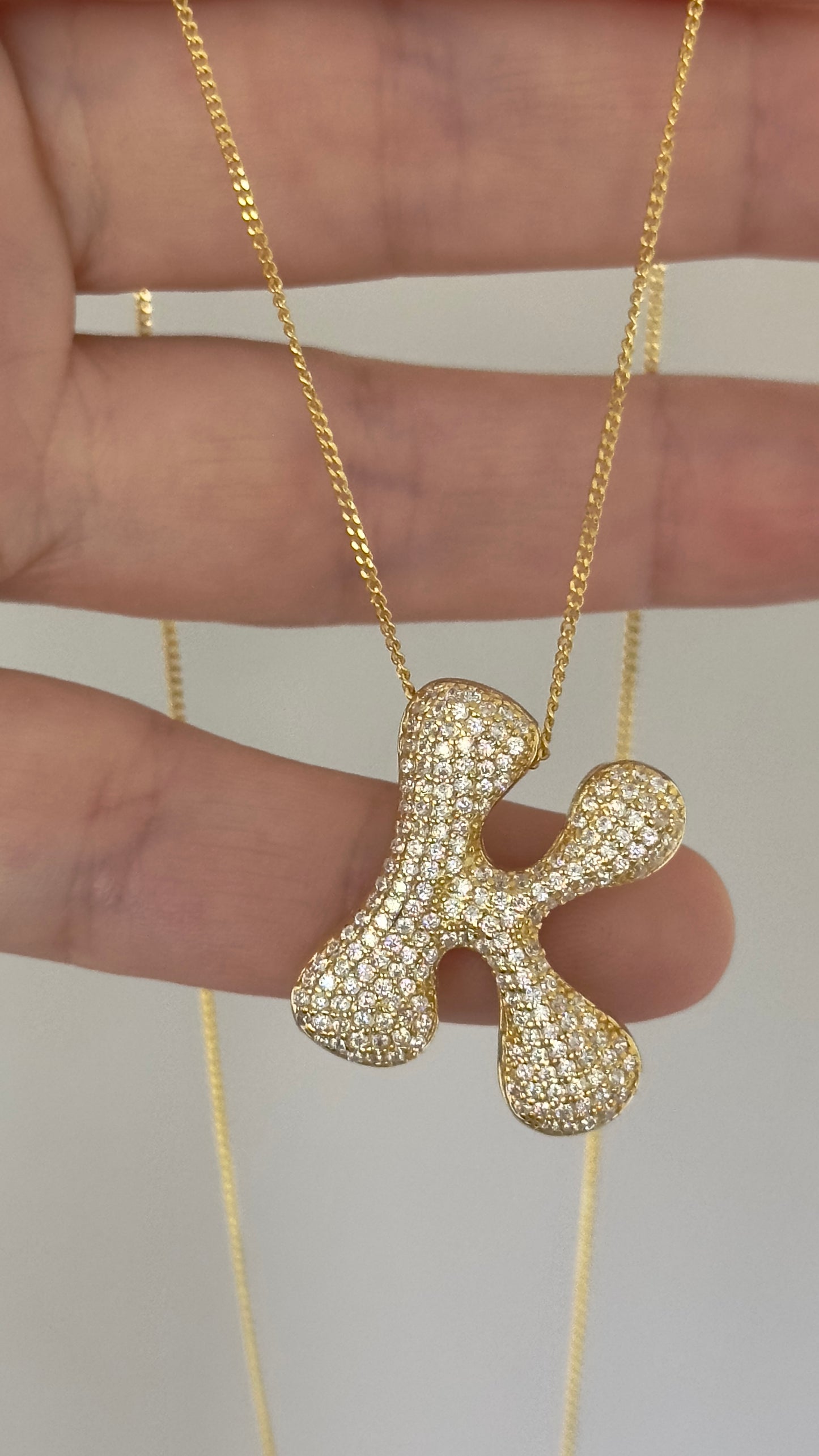Jumbo Bubble Letter Necklace, Large CZ Diamond Initial Pendant, 925 Sterling Silver Personalized Jewelry