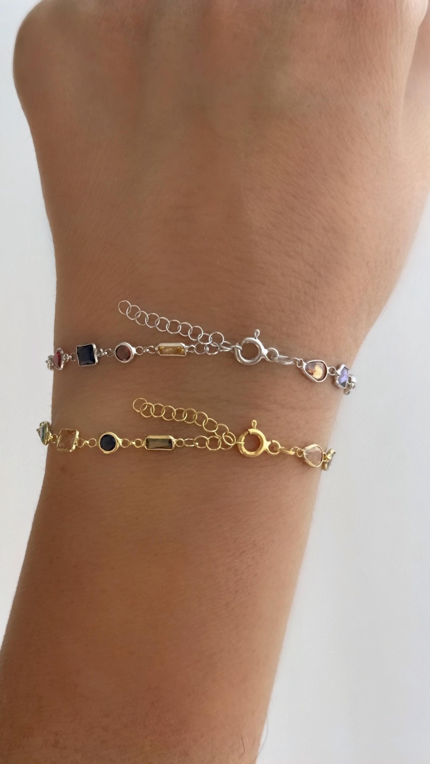 CZ Chain Bracelet, Colorful Diamond 14k Gold, Multicolor Stack Bracelet, 925 Sterling Silver