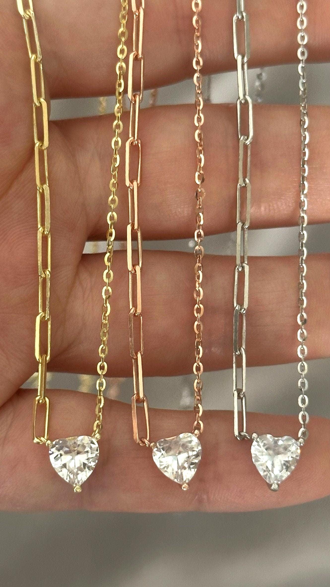 3D heart diamond solitaire necklace handcrafted in 925 sterling silver and plated in 14K gold, delicate layering jewelry.