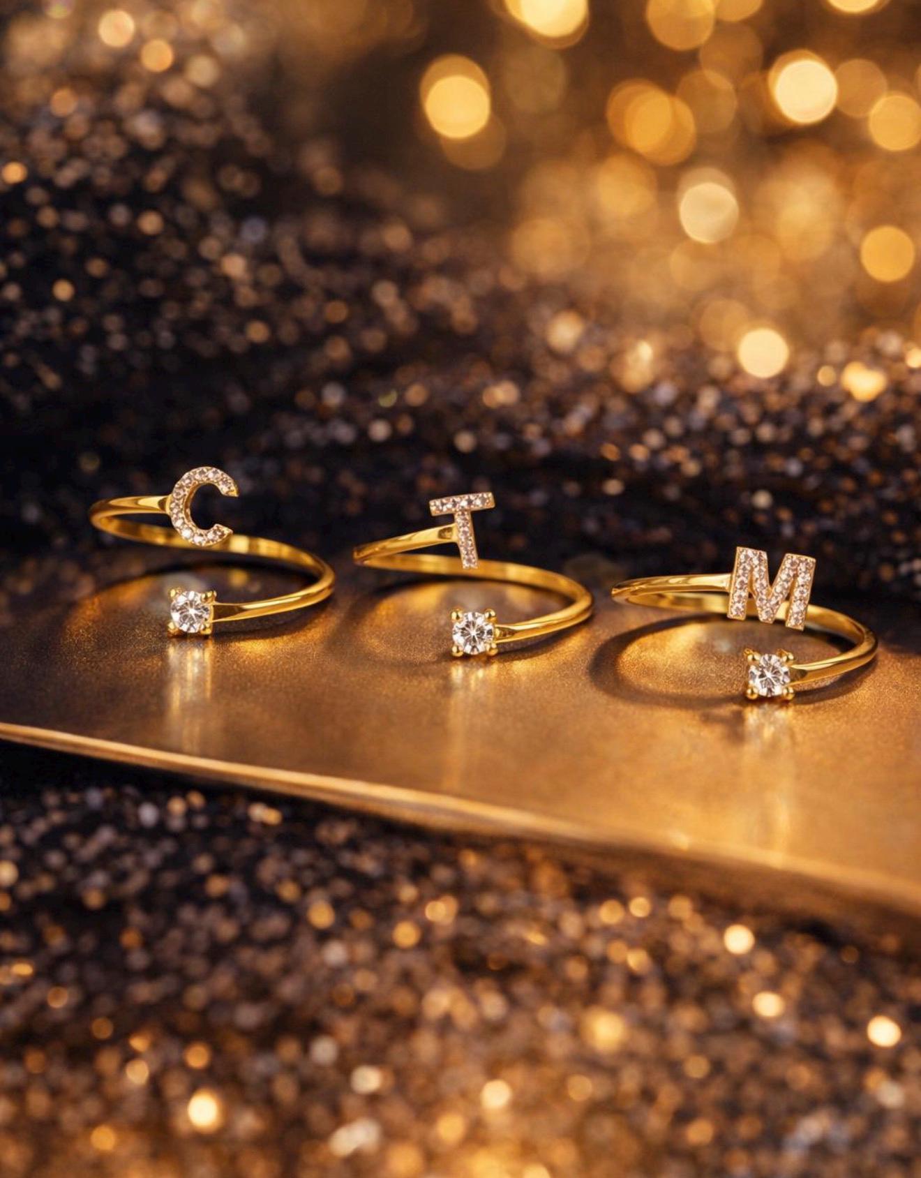 CZ Diamond Initial Ring – 14k Gold Plated Personalized Letter Jewelry