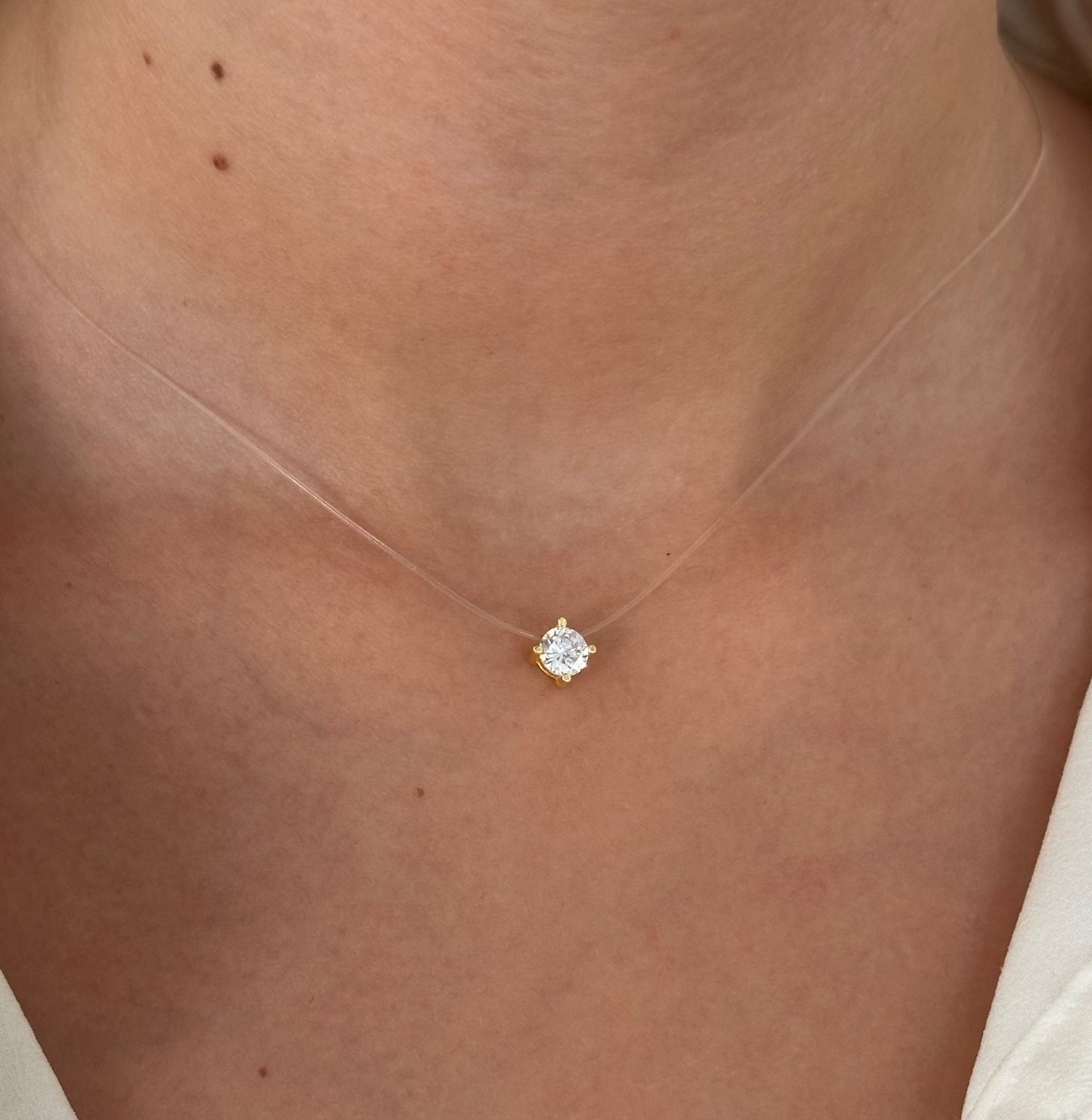 CZ Solitaire Necklace: Invisible Transparent Nylon, Sterling Silver