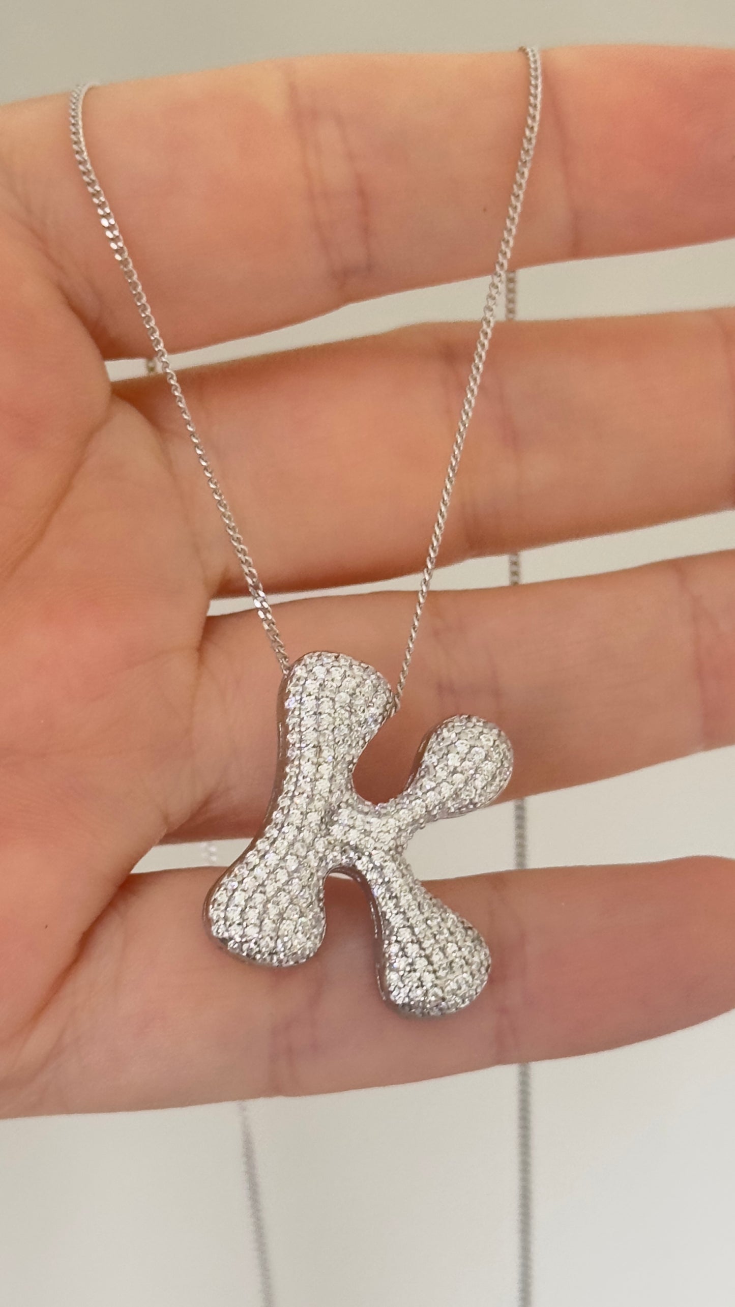 Jumbo Bubble Letter Necklace, Large CZ Diamond Initial Pendant, 925 Sterling Silver Personalized Jewelry