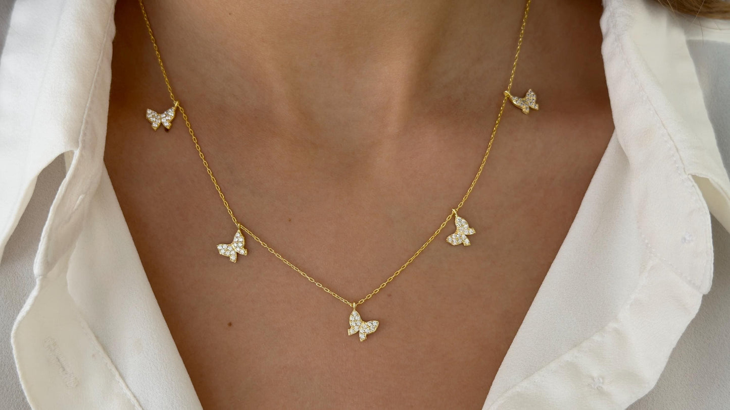 Butterfly Necklace CZ Gemstone Diamond pendant 14k gold plated 925 sterling silver Layering handmade Jewelry Gift for women girls