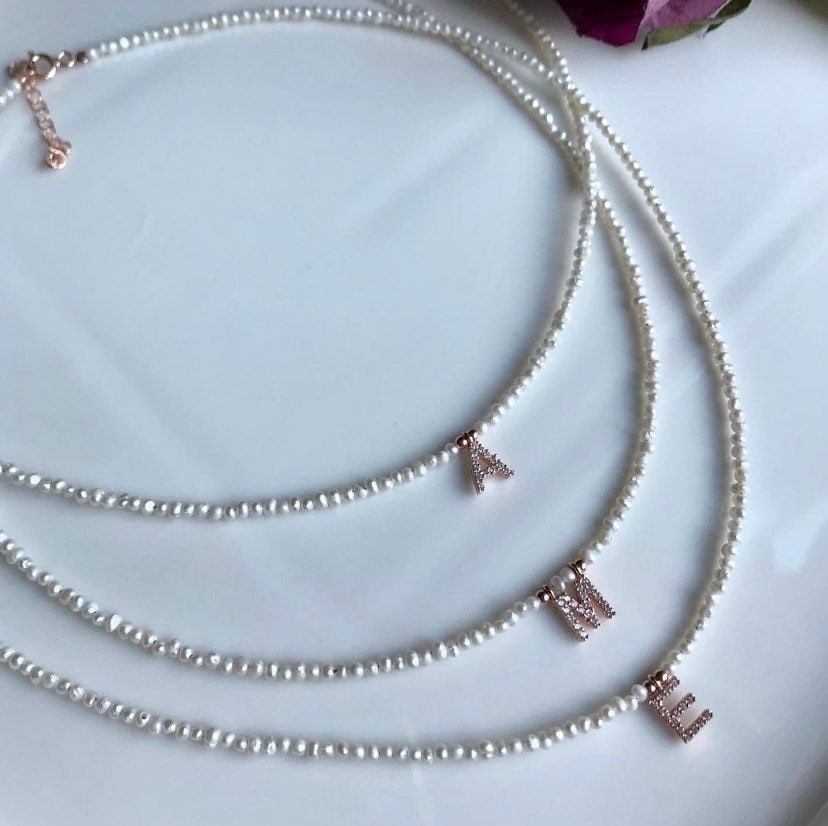 Dainty Pearl Necklace: Custom Diamond Initial Pendant, 14k Gold, Sterling Silver Jewelry Gift
