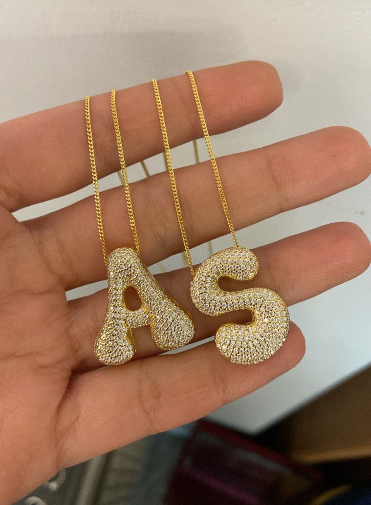 Jumbo Bubble Letter Necklace, Large CZ Diamond Initial Pendant, 925 Sterling Silver Personalized Jewelry