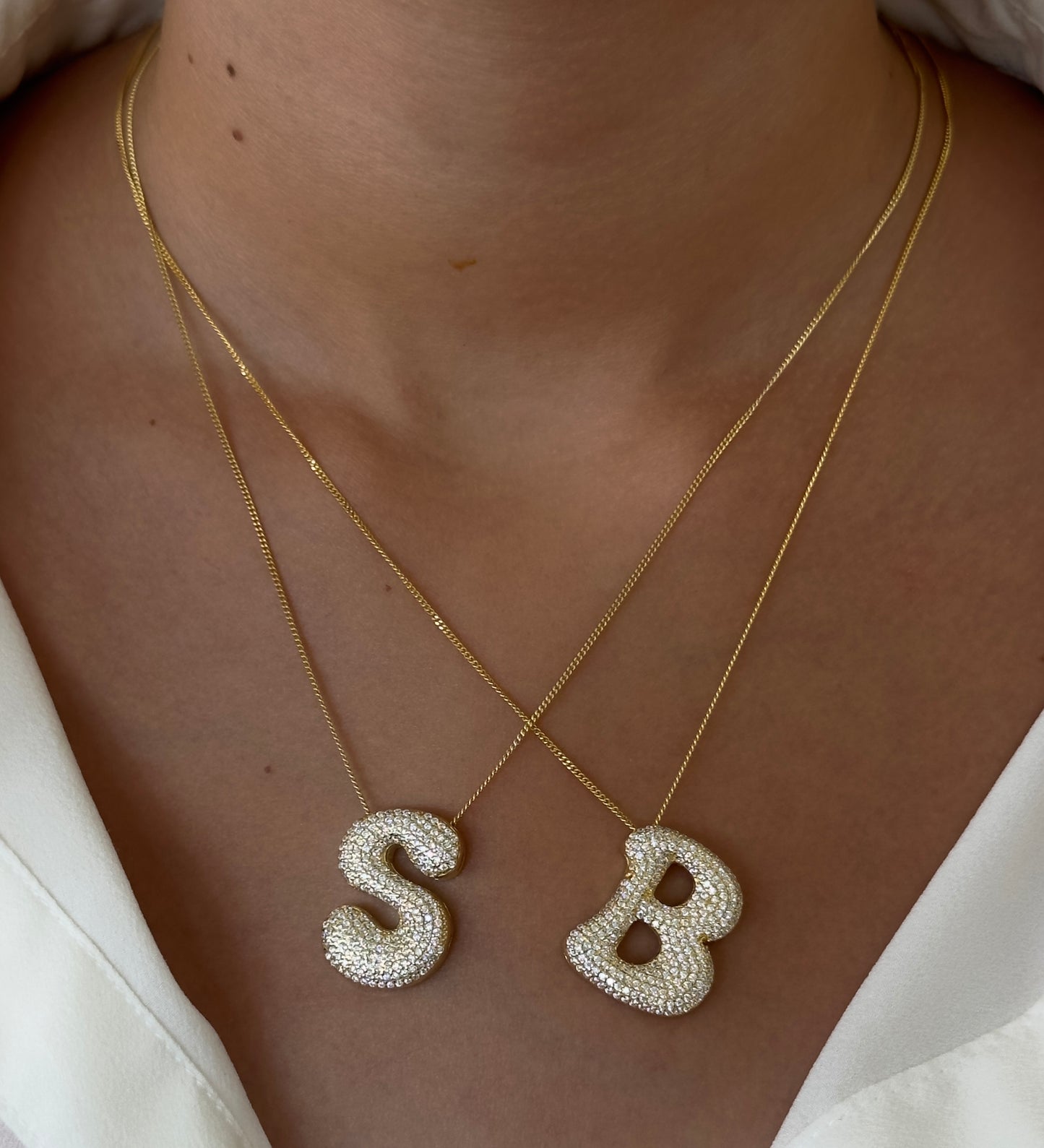 Jumbo Bubble Letter Necklace, Large CZ Diamond Initial Pendant, 925 Sterling Silver Personalized Jewelry