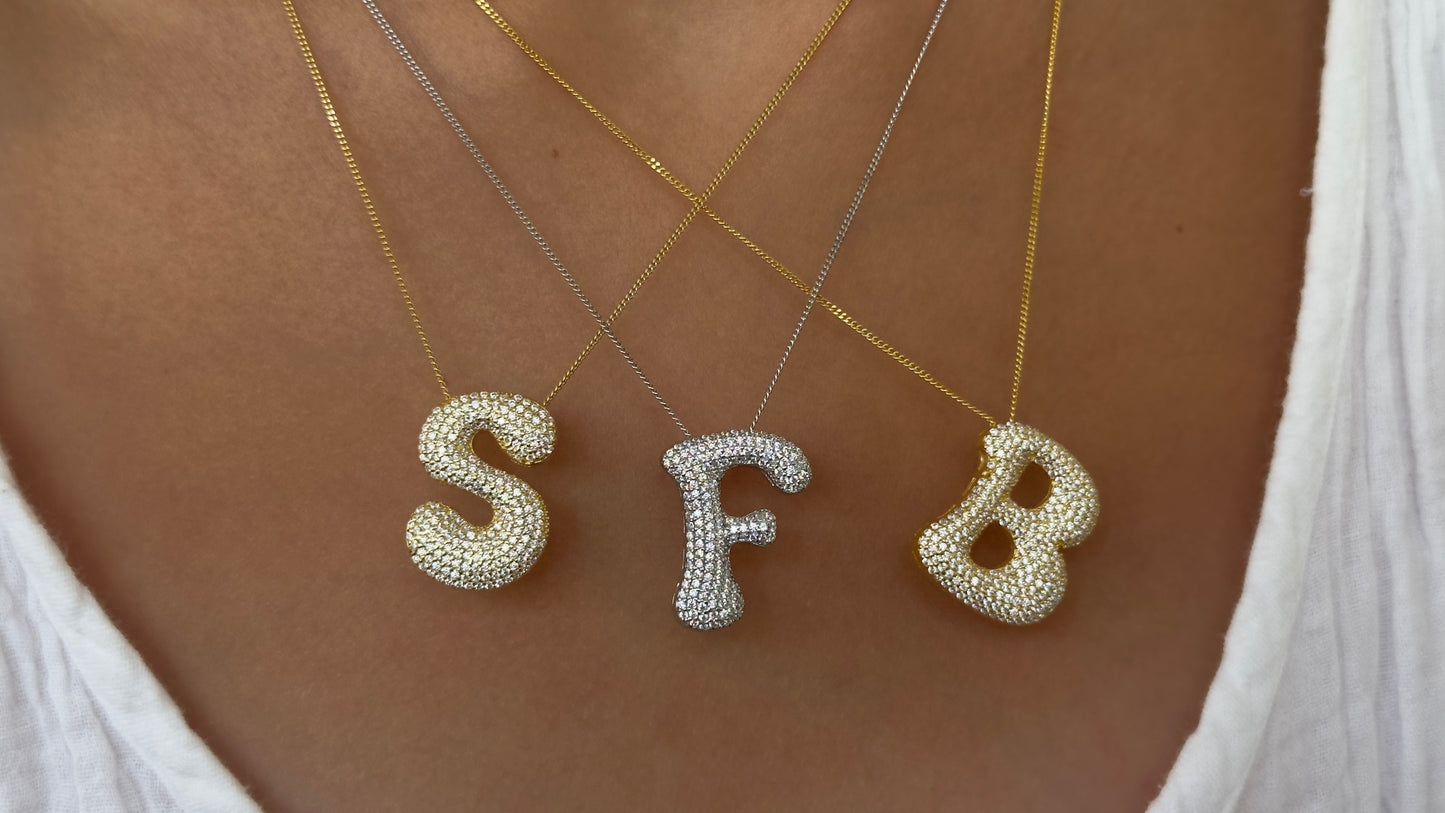 Jumbo Bubble Letter Necklace, Large CZ Diamond Initial Pendant, 925 Sterling Silver Personalized Jewelry