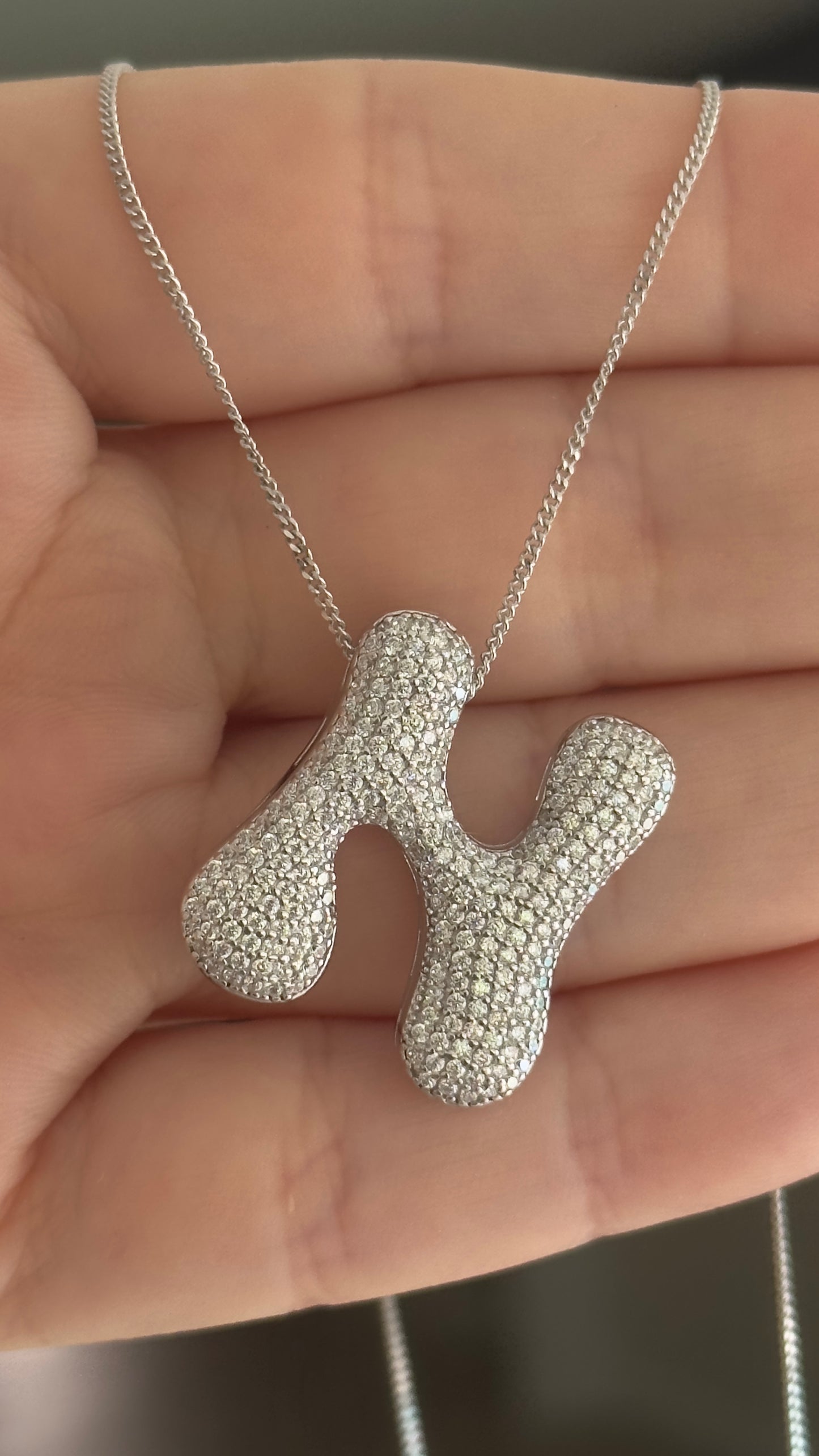 Jumbo Bubble Letter Necklace, Large CZ Diamond Initial Pendant, 925 Sterling Silver Personalized Jewelry