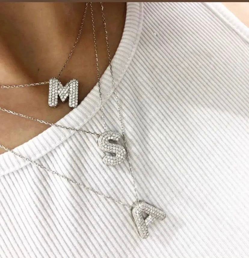 Bubble Letter Necklace Women, Initial CZ Diamond Pendant Necklace, Custom Balloon Letter Gold Necklace 14K Gold Plated Personalized Jewelry Gift Girls 925 Sterling Silver