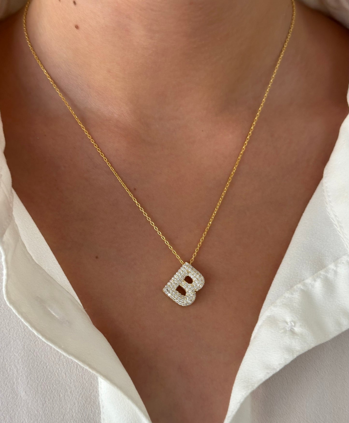 Bubble Letter Necklace Women, Initial CZ Diamond Pendant Necklace, Custom Balloon Letter Gold Necklace 14K Gold Plated Personalized Jewelry Gift Girls 925 Sterling Silver