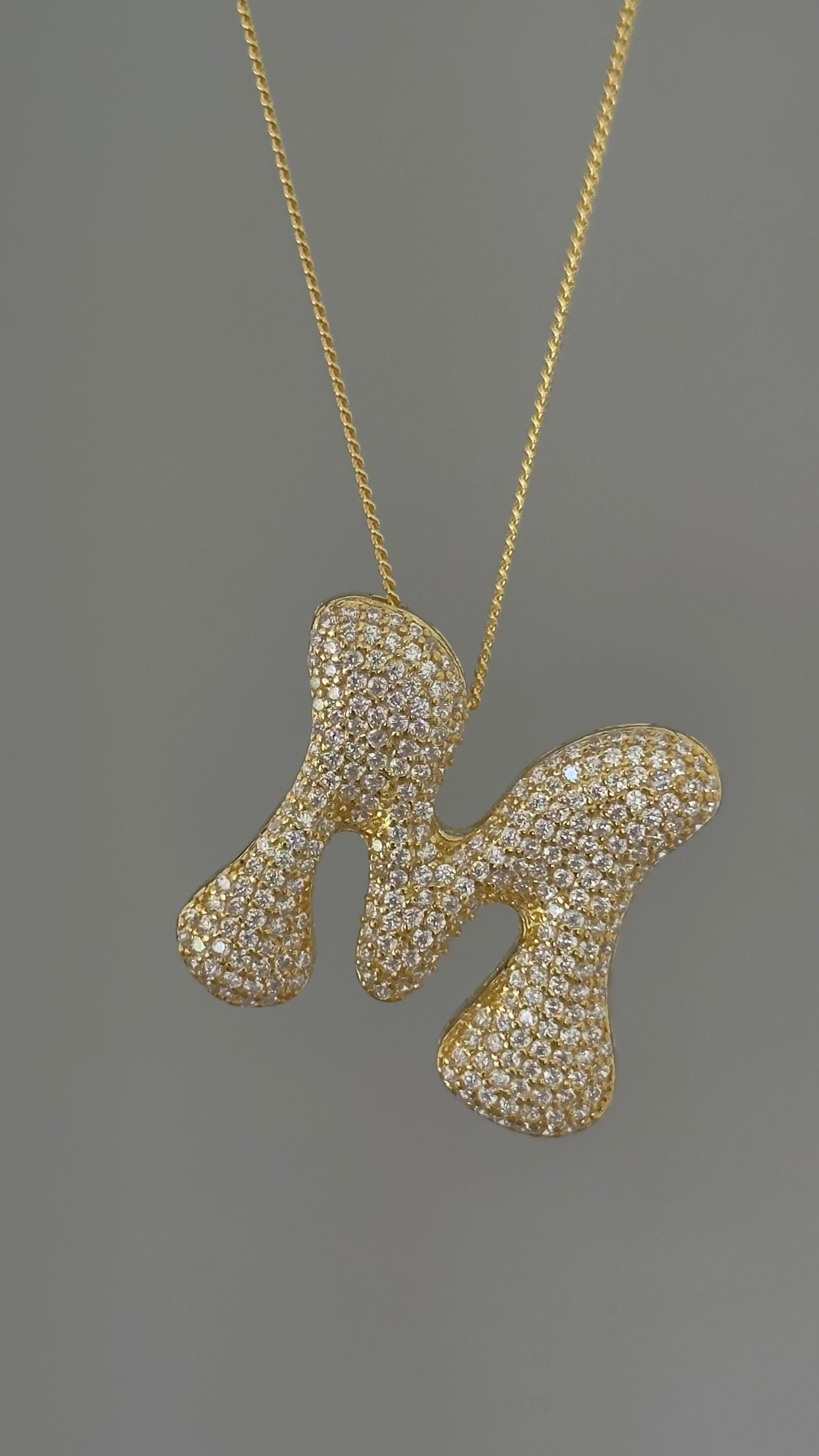 Jumbo Bubble Letter Necklace, Large CZ Diamond Initial Pendant, 925 Sterling Silver Personalized Jewelry