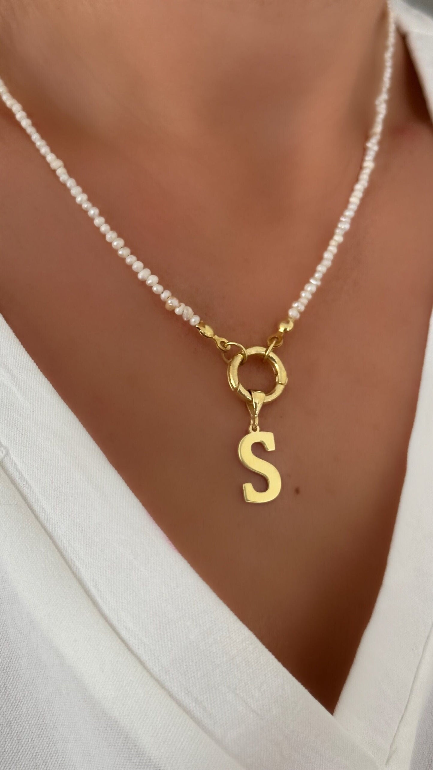 Initial Pearl Necklace, Natural Tiny Pearl Necklace, Personalized Letter Pearl Necklace, Custom Name Necklace, Jewelry Gift Woman Girls