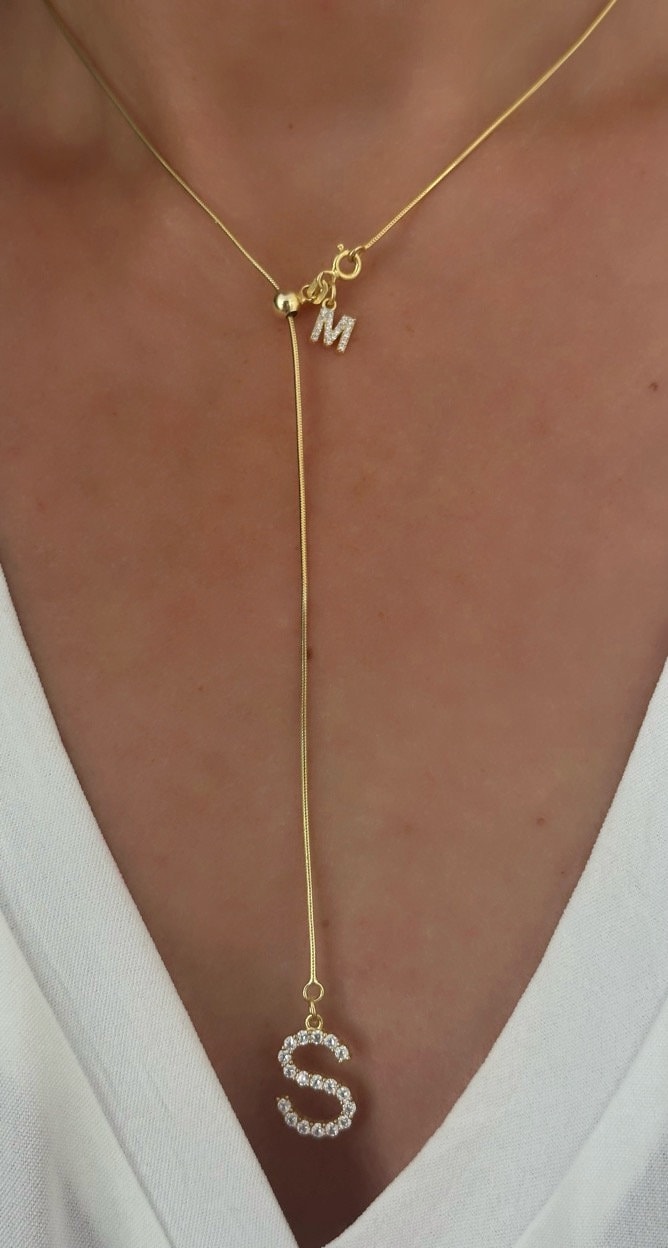 Lariat Initial Necklace, Long Y Necklace Personalized, CZ Stone Letter Pendant, Adjustable Sliding Snake Chain, Custom Jewelry Gift for Her