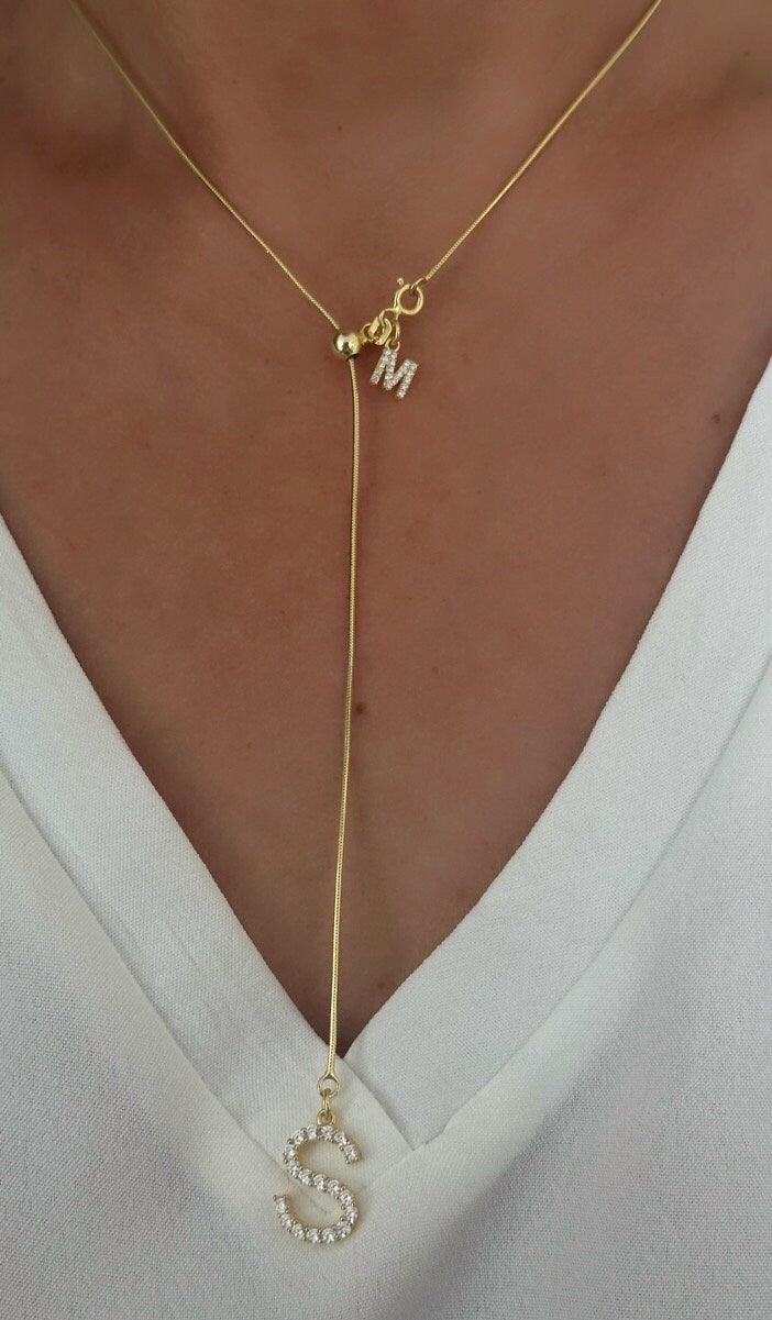 Lariat Initial Necklace, Long Y Necklace Personalized, CZ Stone Letter Pendant, Adjustable Sliding Snake Chain, Custom Jewelry Gift for Her