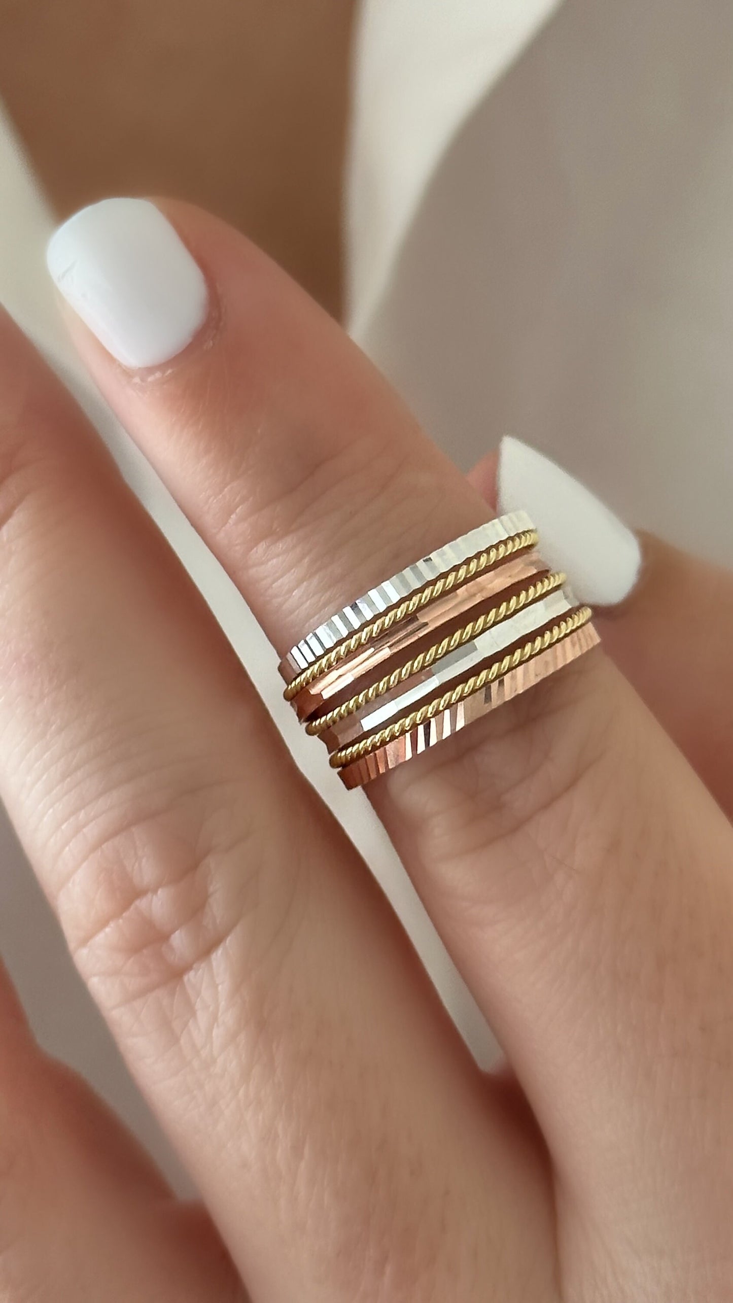 10mm 7 Seven Days Stack Thick Wide Band Ring Set 14K Tricolor Gold Rose Sterling Silver Blessing Ring Three Tone Jewelry gift for her