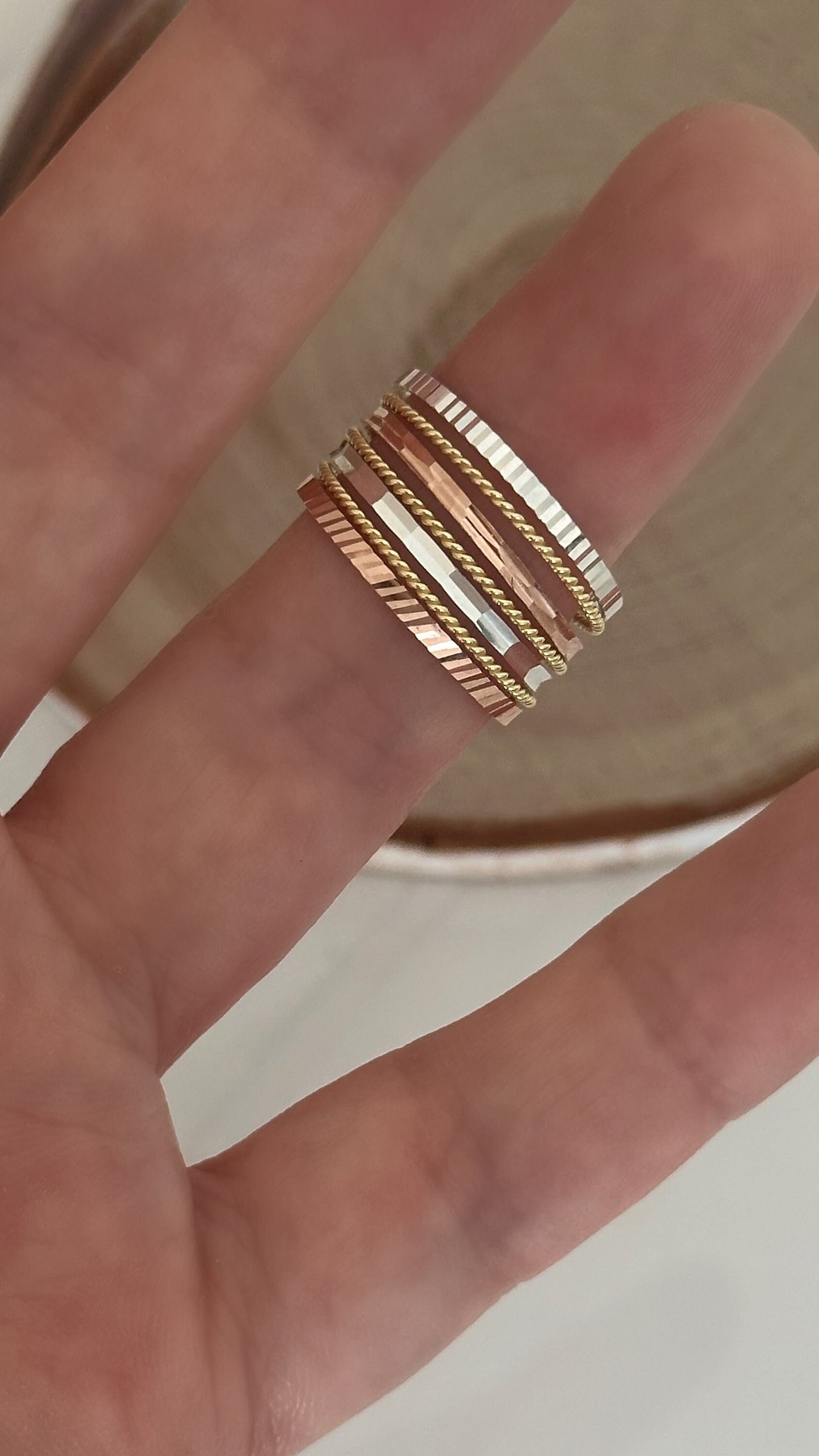 10mm 7 Seven Days Stack Thick Wide Band Ring Set 14K Tricolor Gold Rose Sterling Silver Blessing Ring Three Tone Jewelry gift for her