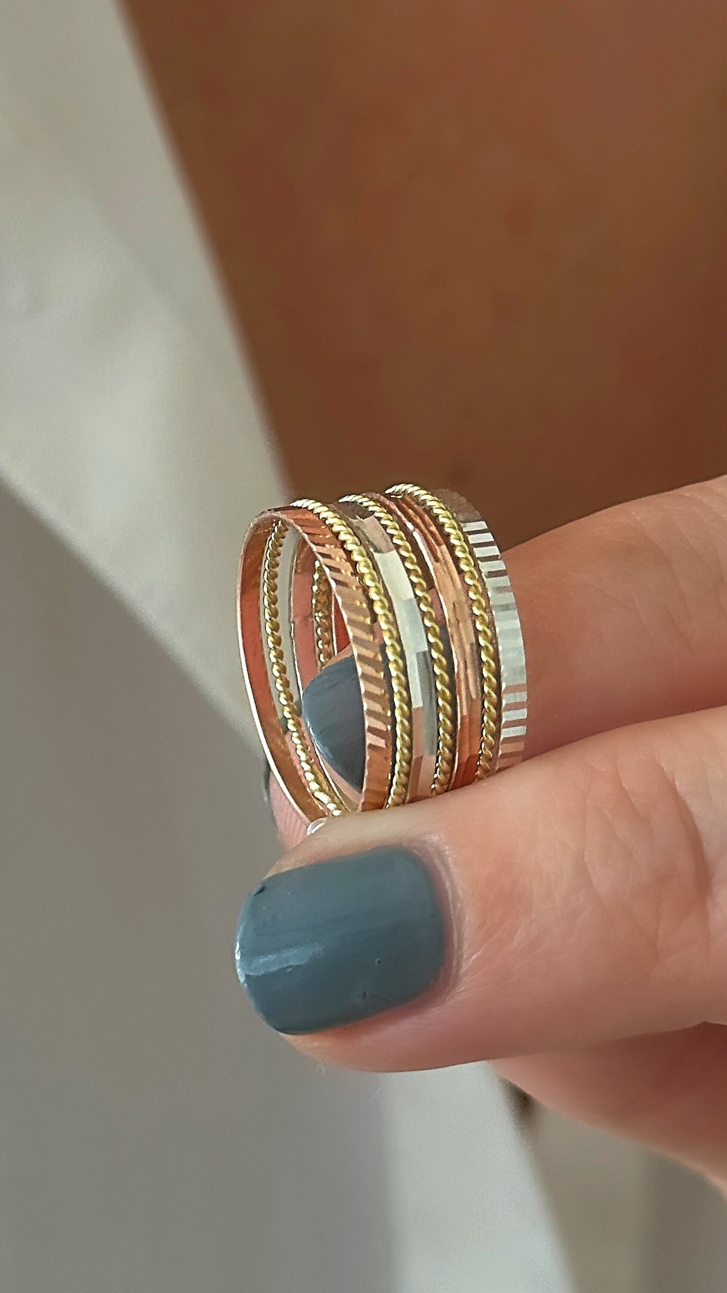 10mm 7 Seven Days Stack Thick Wide Band Ring Set 14K Tricolor Gold Rose Sterling Silver Blessing Ring Three Tone Jewelry gift for her