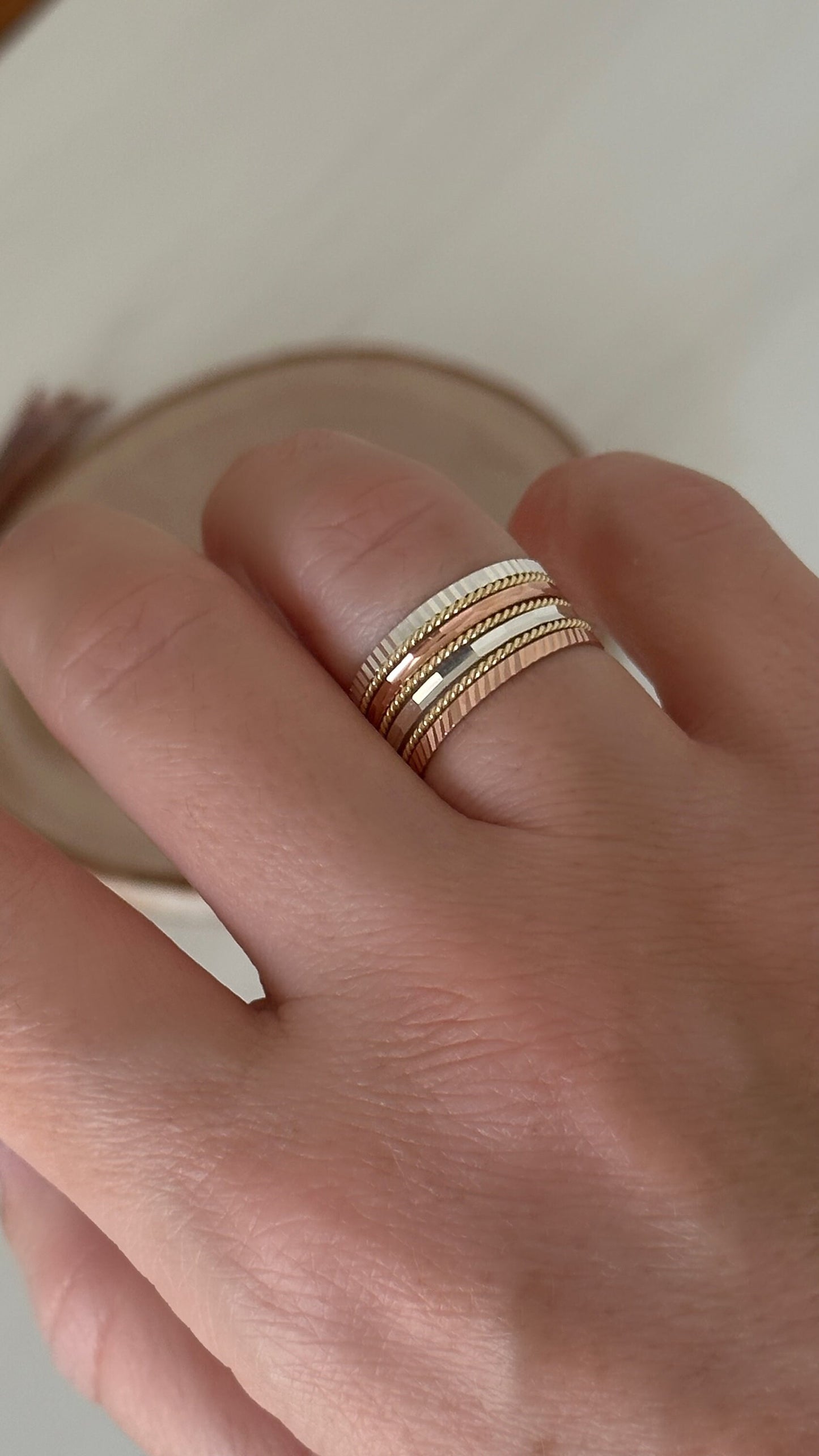 10mm 7 Seven Days Stack Thick Wide Band Ring Set 14K Tricolor Gold Rose Sterling Silver Blessing Ring Three Tone Jewelry gift for her