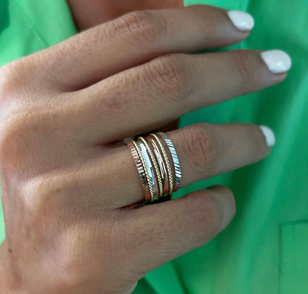 10mm 7 Seven Days Stack Thick Wide Band Ring Set 14K Tricolor Gold Rose Sterling Silver Blessing Ring Three Tone Jewelry gift for her