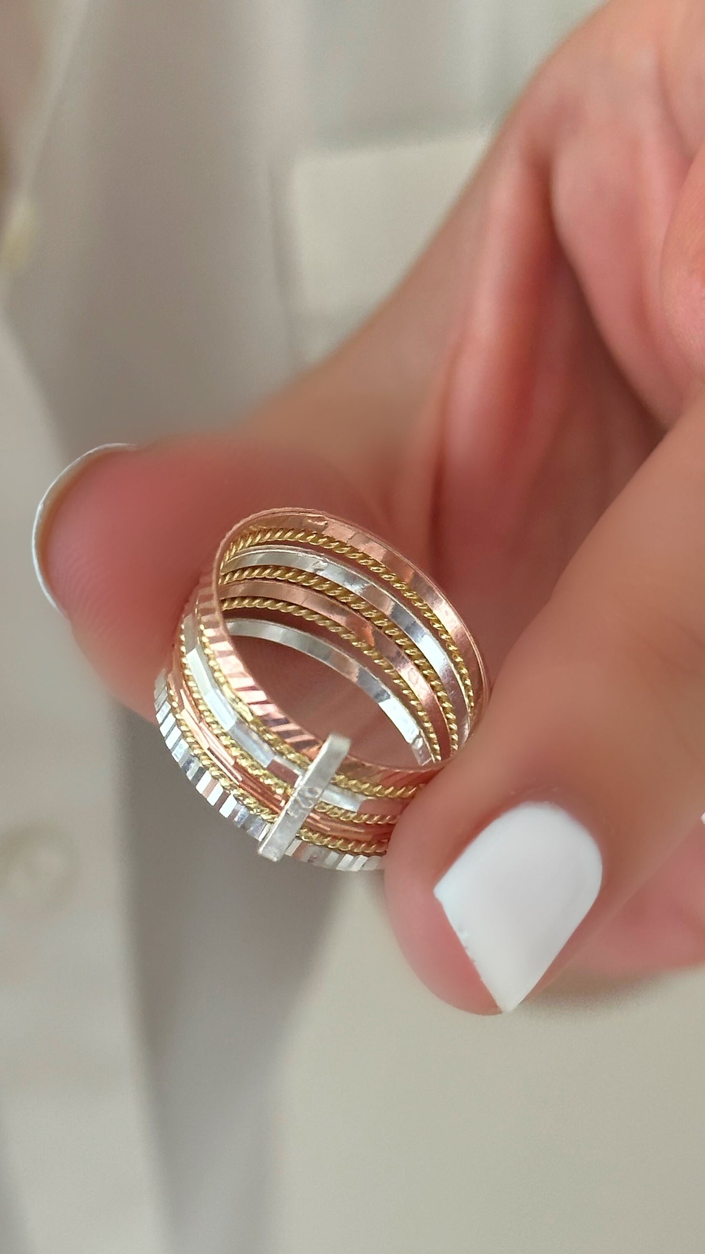 10mm 7 Seven Days Stack Thick Wide Band Ring Set 14K Tricolor Gold Rose Sterling Silver Blessing Ring Three Tone Jewelry gift for her