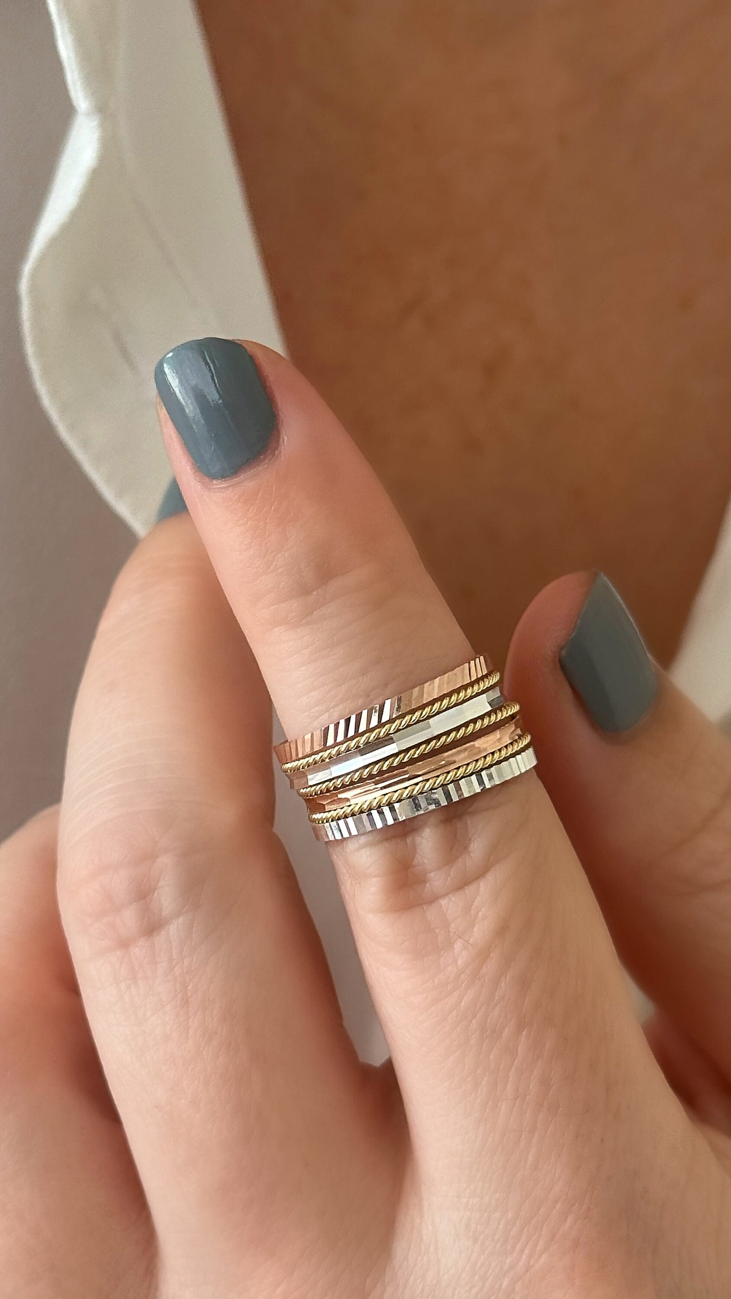 10mm 7 Seven Days Stack Thick Wide Band Ring Set 14K Tricolor Gold Rose Sterling Silver Blessing Ring Three Tone Jewelry gift for her