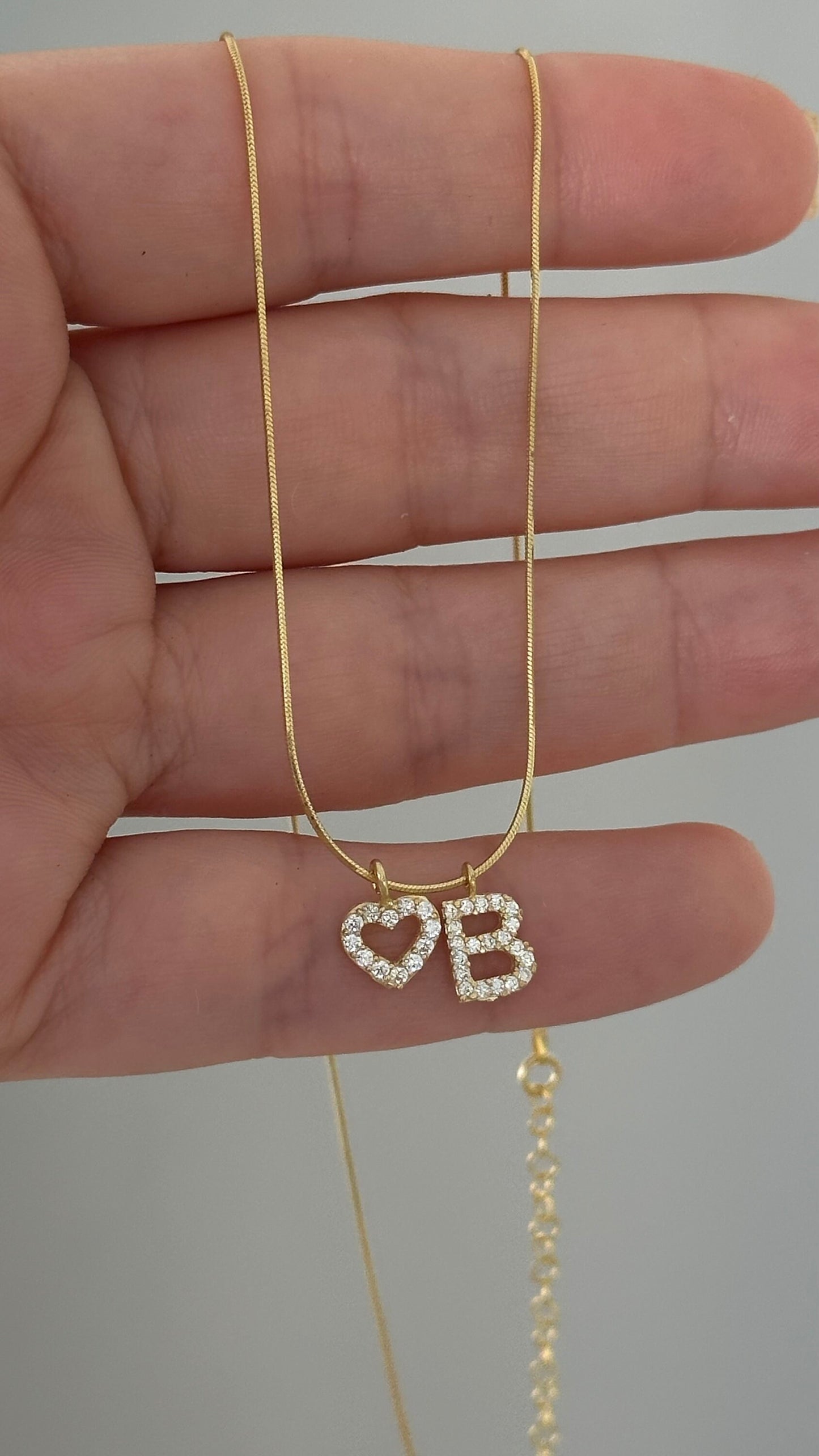 CZ Initial Heart Necklace, Tiny Pave Letter Necklace, Diamond Heart Pendant, Personalized Jewelry, Custom Gift for Her, 925 Sterling Silver