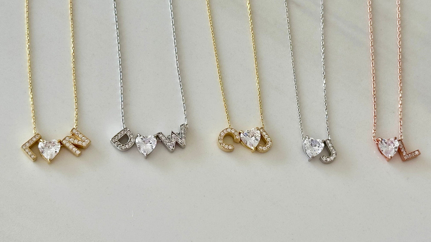 Initial Heart Necklace Tiny Pave Letter Necklace Princess Diamond Necklace Personalized Jewelry Handmade Custom Gift for Her Woman Girls