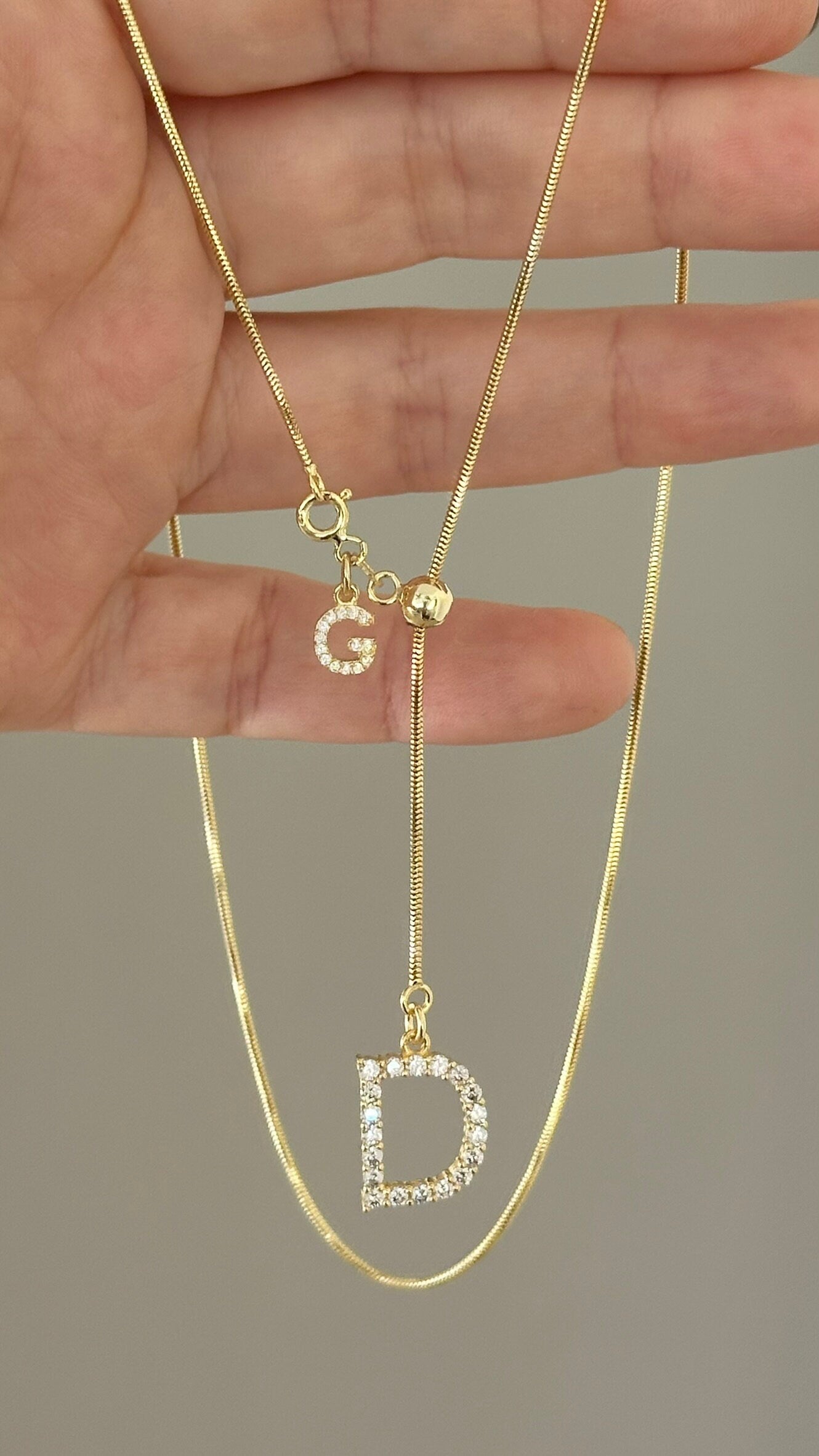 Lariat Initial Necklace, Long Y Necklace Personalized, CZ Stone Letter Pendant, Adjustable Sliding Snake Chain, Custom Jewelry Gift for Her