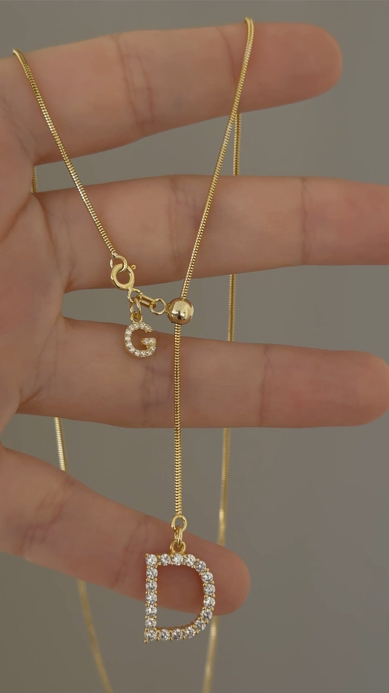 Lariat Initial Necklace, Long Y Necklace Personalized, CZ Stone Letter Pendant, Adjustable Sliding Snake Chain, Custom Jewelry Gift for Her