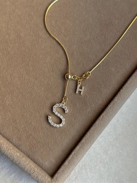 Lariat Initial Necklace, Long Y Necklace Personalized, CZ Stone Letter Pendant, Adjustable Sliding Snake Chain, Custom Jewelry Gift for Her