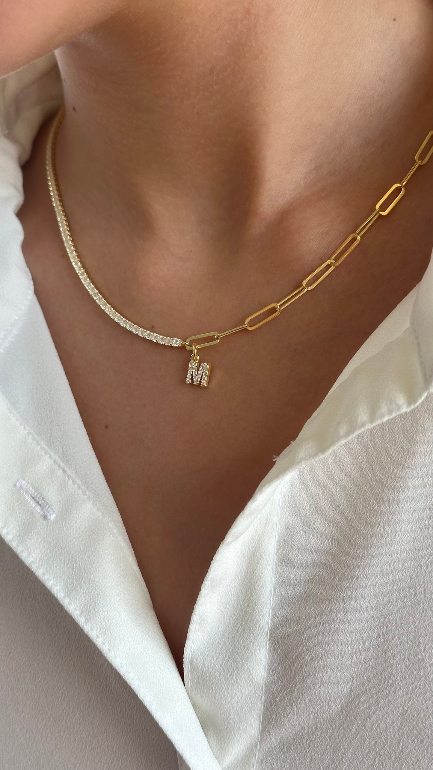 Personalized Half Tennis Half Link Chain Necklace, Initial Letter Necklace, 14k Gold Link Chain, Custom Tennis Jewelry, Gift for Women Girls