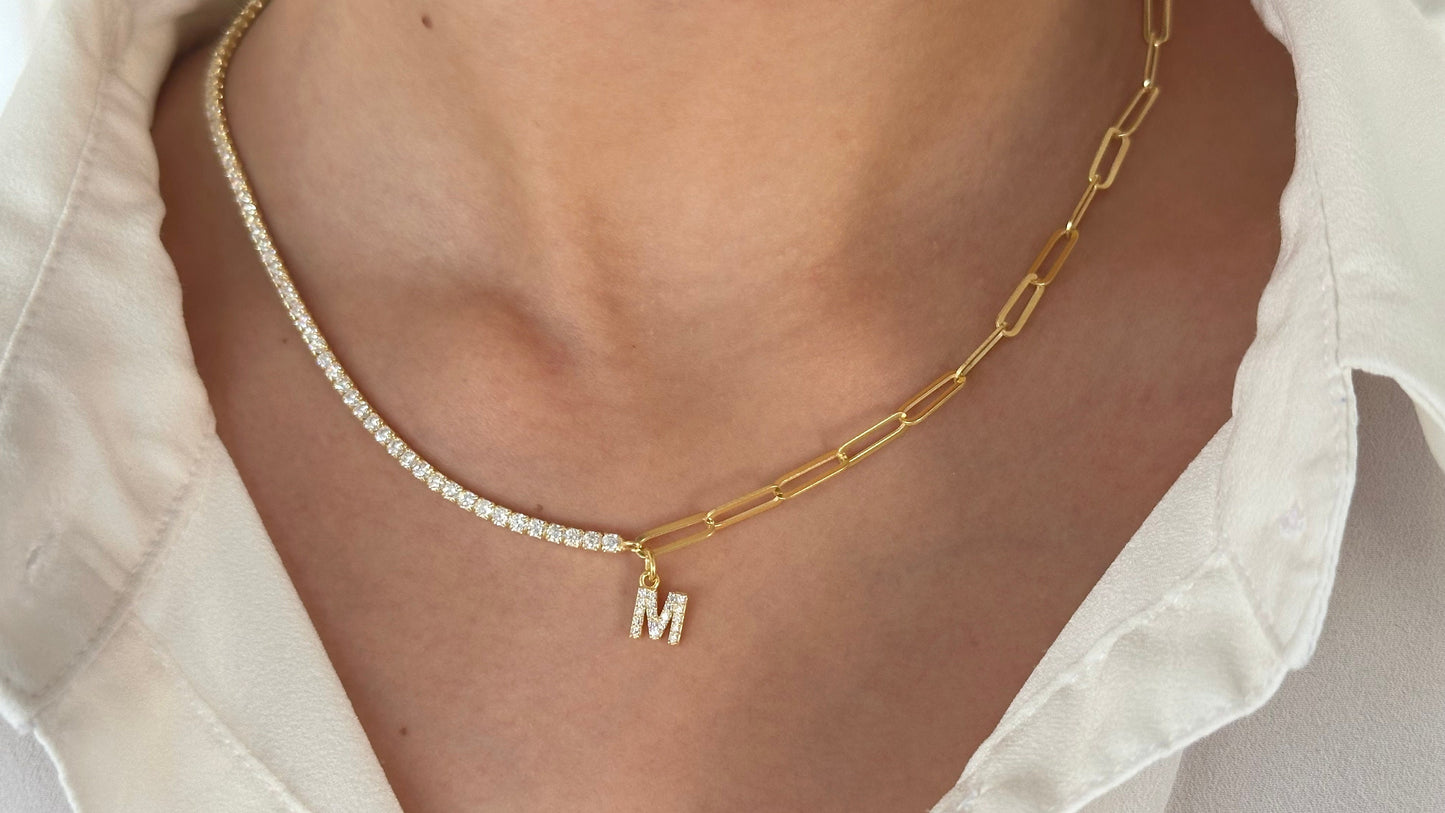 Personalized Half Tennis Half Link Chain Necklace, Initial Letter Necklace, 14k Gold Link Chain, Custom Tennis Jewelry, Gift for Women Girls