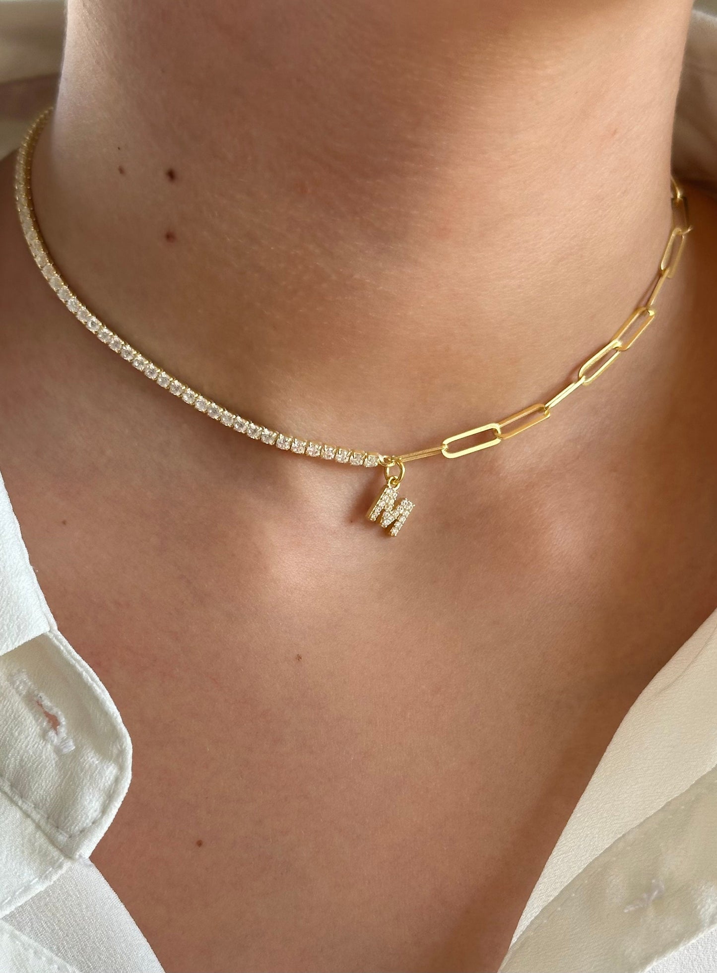 Personalized Half Tennis Half Link Chain Necklace, Initial Letter Necklace, 14k Gold Link Chain, Custom Tennis Jewelry, Gift for Women Girls