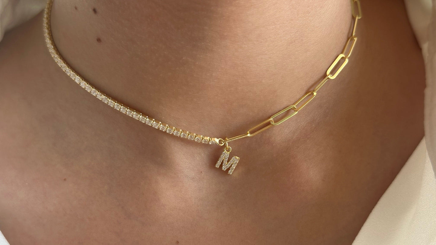 Personalized Half Tennis Half Link Chain Necklace, Initial Letter Necklace, 14k Gold Link Chain, Custom Tennis Jewelry, Gift for Women Girls