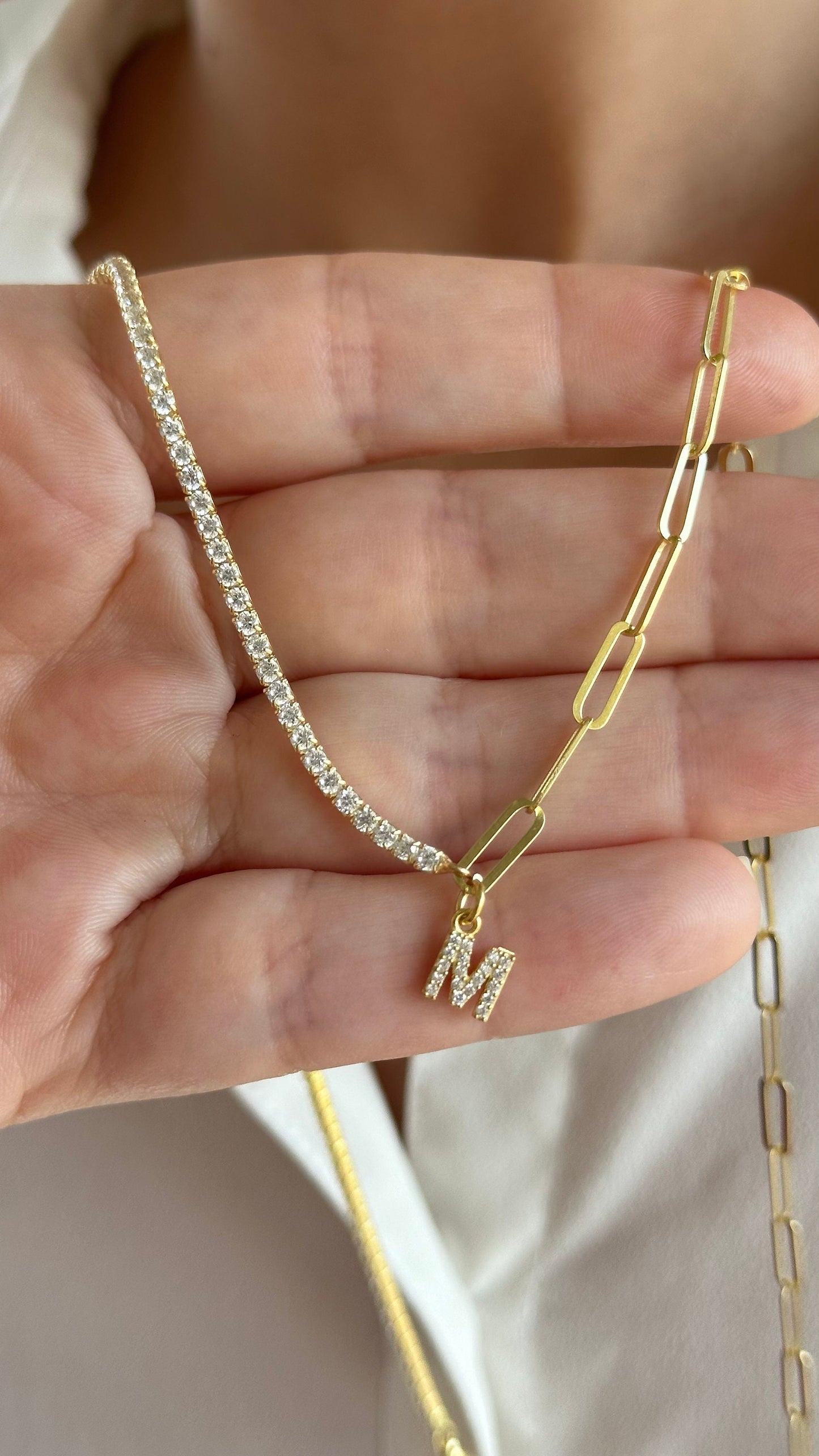 Personalized Half Tennis Half Link Chain Necklace, Initial Letter Necklace, 14k Gold Link Chain, Custom Tennis Jewelry, Gift for Women Girls