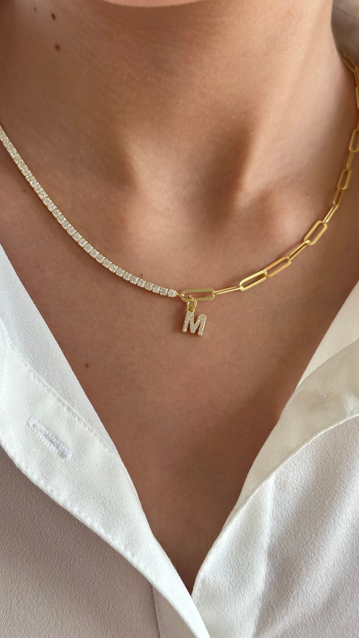 Personalized Half Tennis Half Link Chain Necklace, Initial Letter Necklace, 14k Gold Link Chain, Custom Tennis Jewelry, Gift for Women Girls