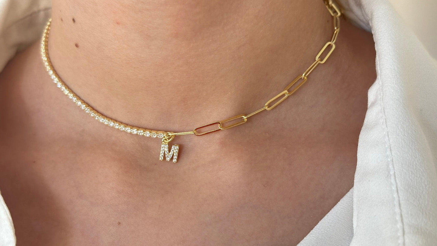 Personalized Half Tennis Half Link Chain Necklace, Initial Letter Necklace, 14k Gold Link Chain, Custom Tennis Jewelry, Gift for Women Girls