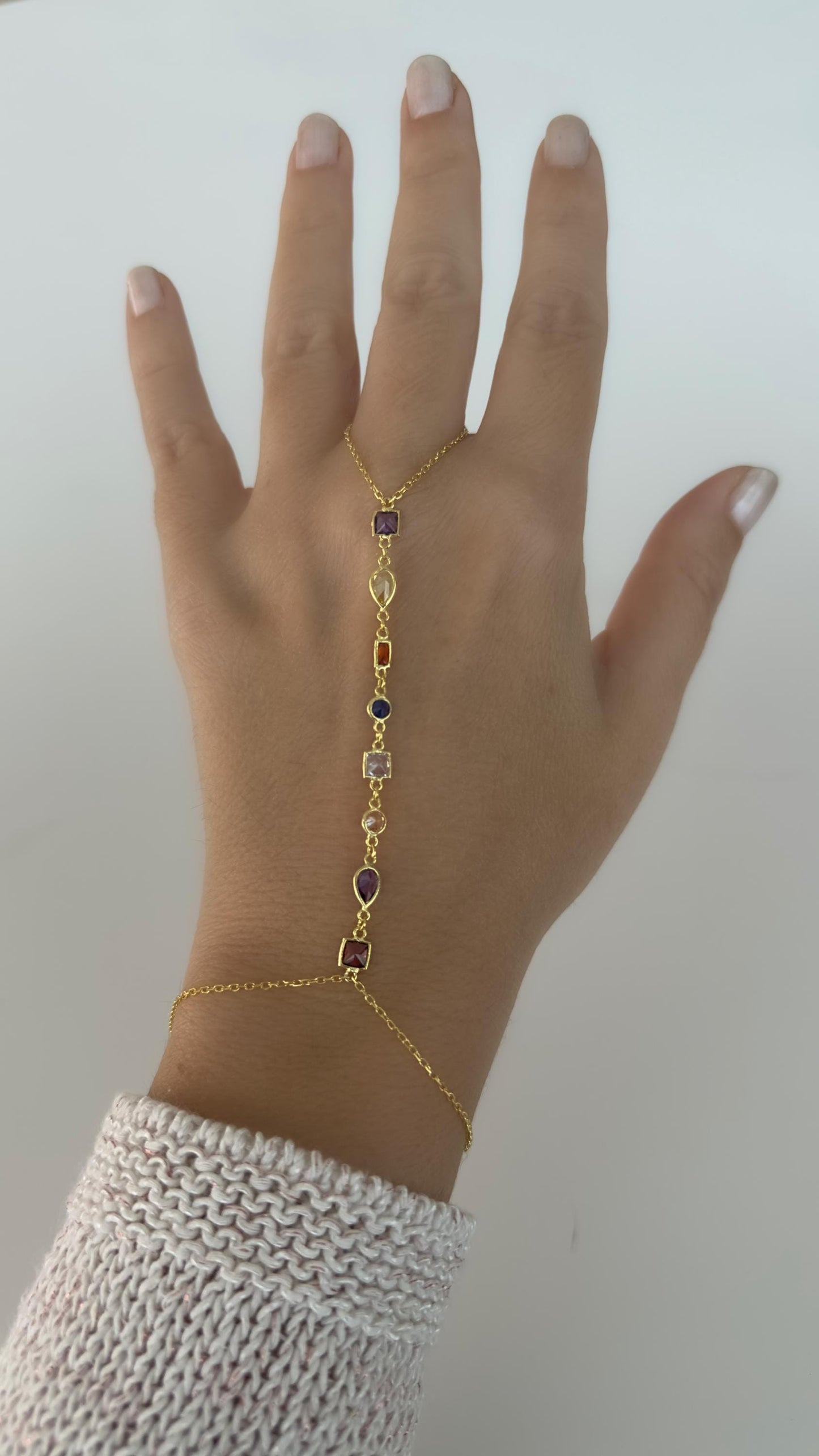 14k Gold Hand Chain Bracelet, Sterling Silver, Gemstone Finger Ring