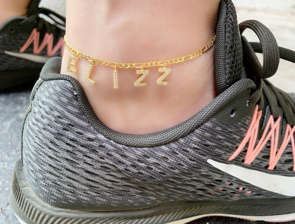 Gold Diamond Name Anklet, Letter Anklet, Initial Anklet Bracelet, Bell Anklet, Gemstone Anklet, Summer gift, Personalized Gift for Her, 925
