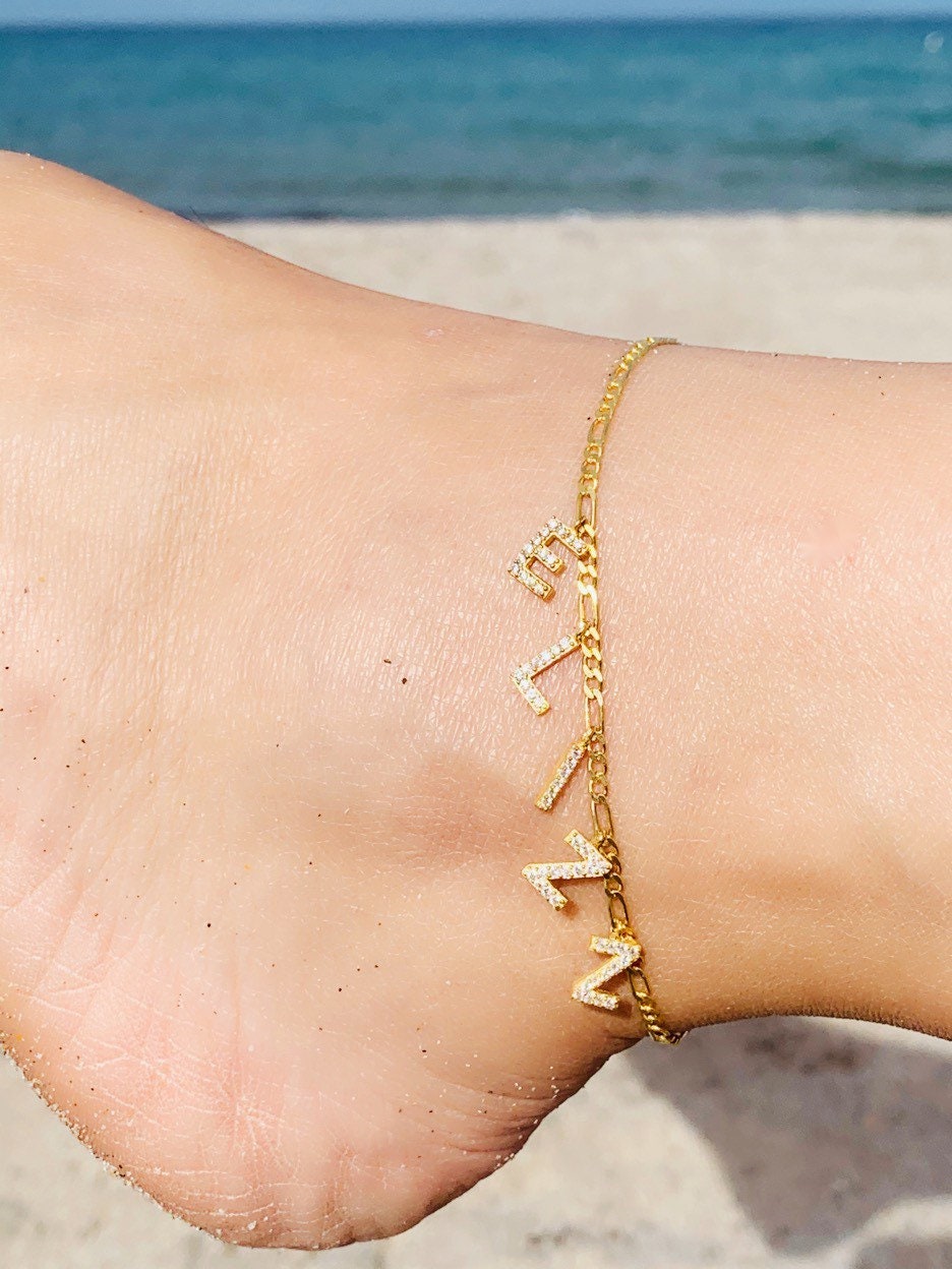 Gold Diamond Name Anklet, Letter Anklet, Initial Anklet Bracelet, Bell Anklet, Gemstone Anklet, Summer gift, Personalized Gift for Her, 925