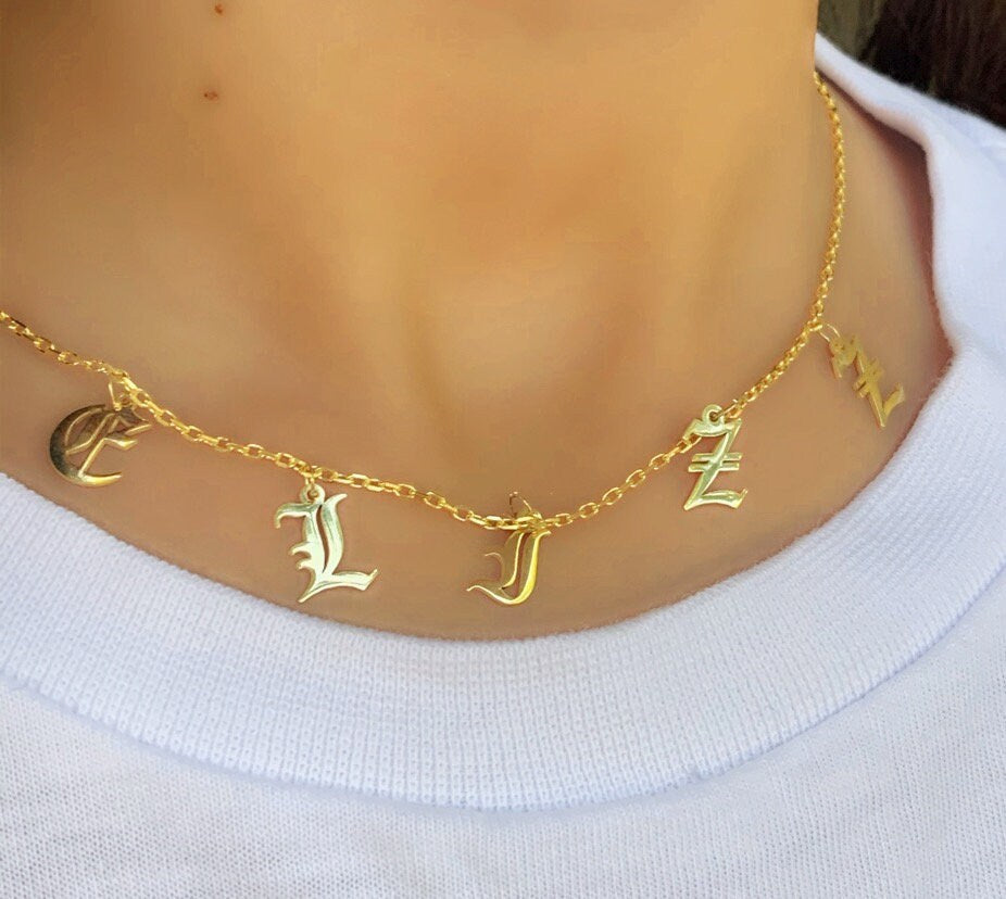 Old English Name Necklace, Custom Initial Letter Necklace, Personalized Gift, Birthday Gift,