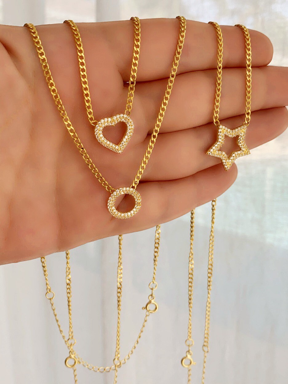 CZ Stone Necklace, Gemstone Choker, Pav Heart Charm, Star Pendant, Minimalist Layering Necklace, Birthday Gift for her, 925 Sterling Silver