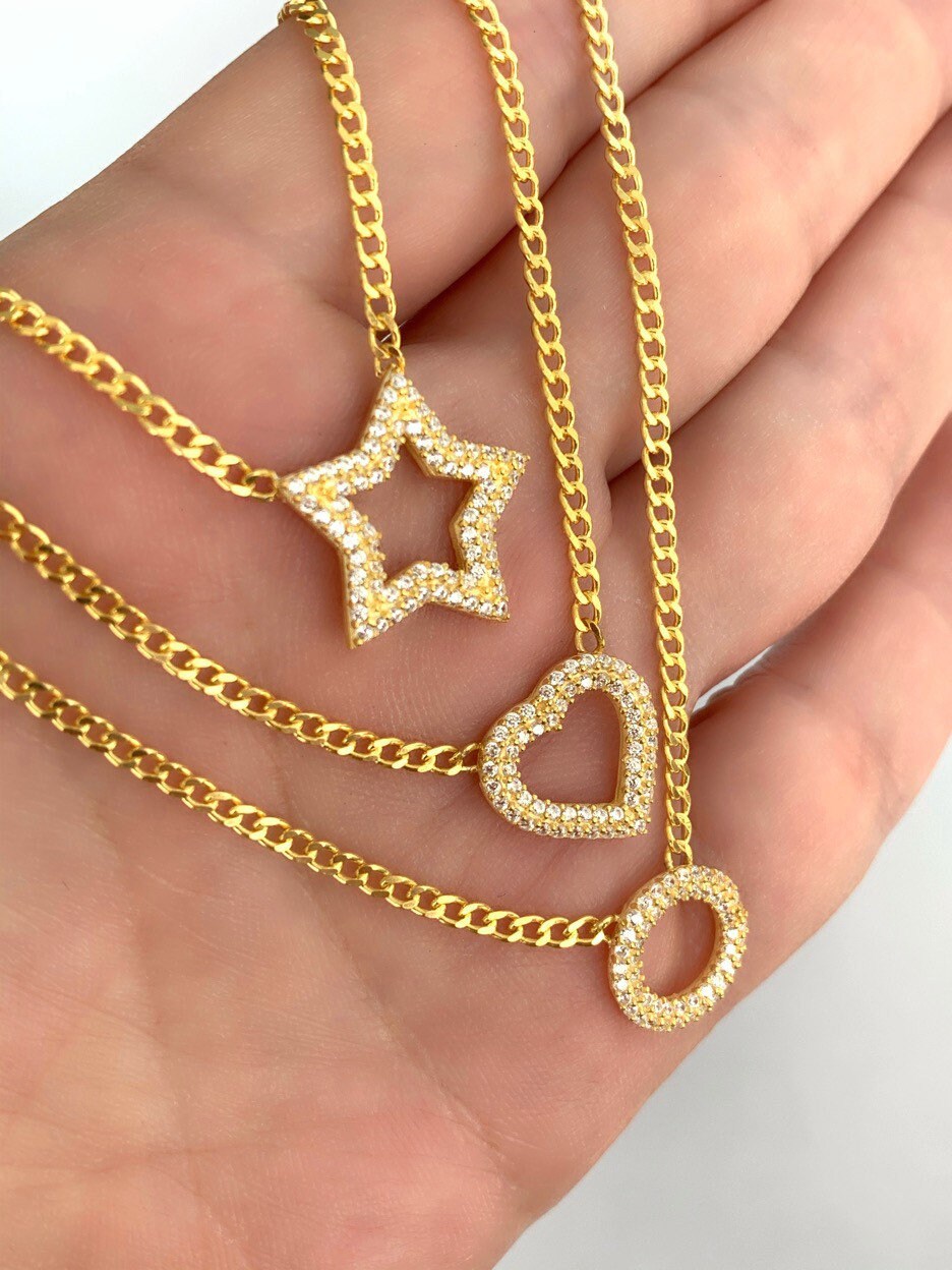 CZ Stone Necklace, Gemstone Choker, Pav Heart Charm, Star Pendant, Minimalist Layering Necklace, Birthday Gift for her, 925 Sterling Silver