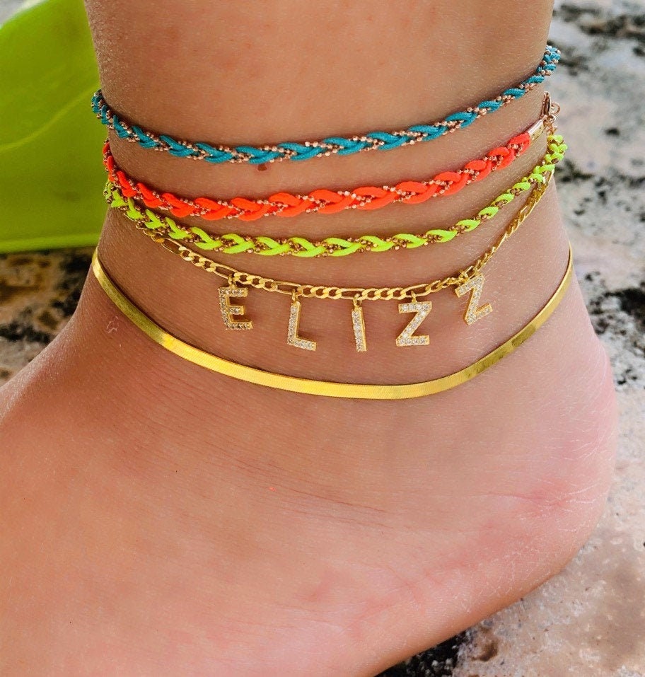 Gold Diamond Name Anklet, Letter Anklet, Initial Anklet Bracelet, Bell Anklet, Gemstone Anklet, Summer gift, Personalized Gift for Her, 925
