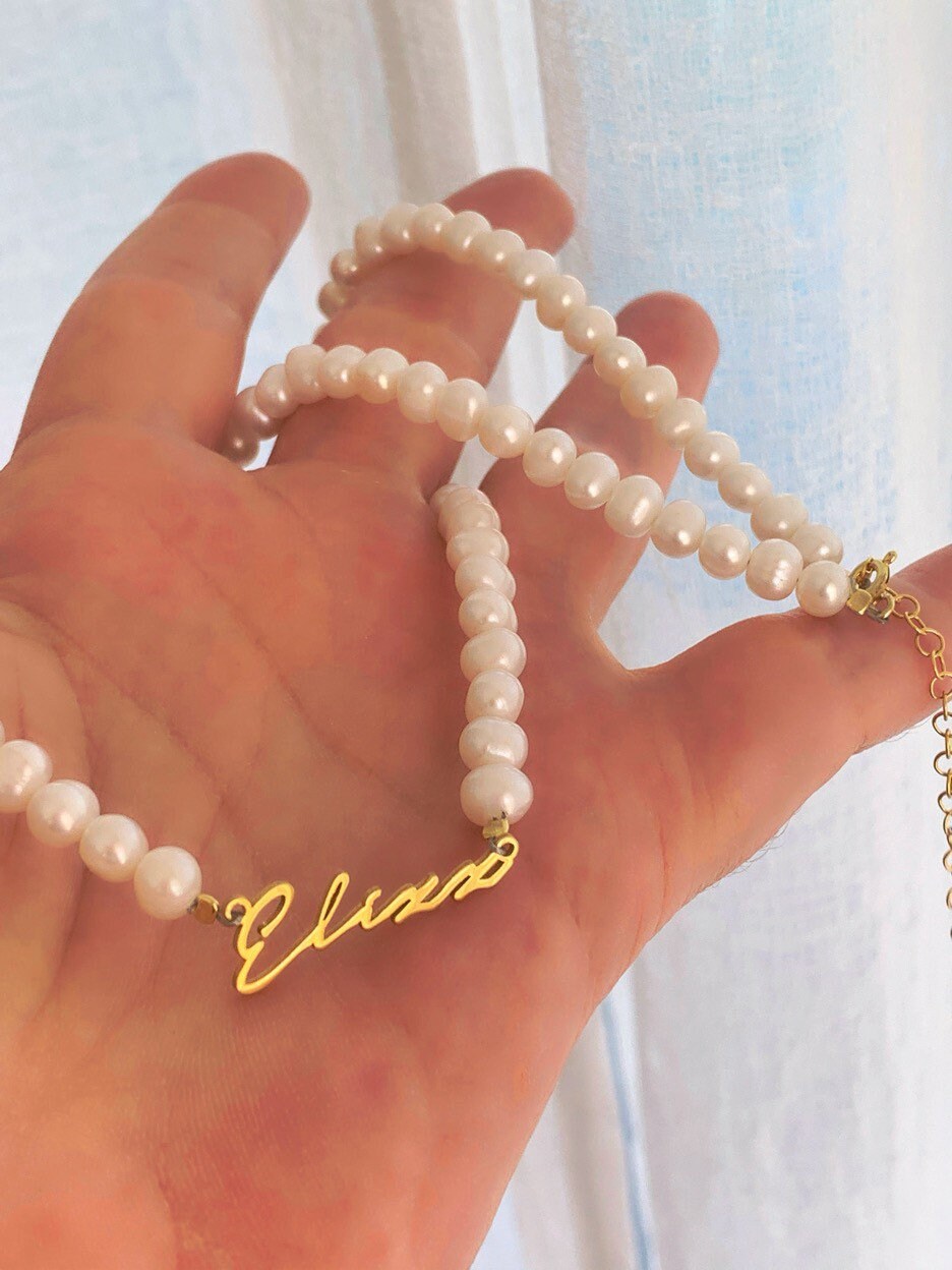 Personalized Pearl Name Necklace, Signature Name Necklace, Handwriting Necklace, Custom Jewelry, Personalized Gifts, 925 Silver, Woman Gift
