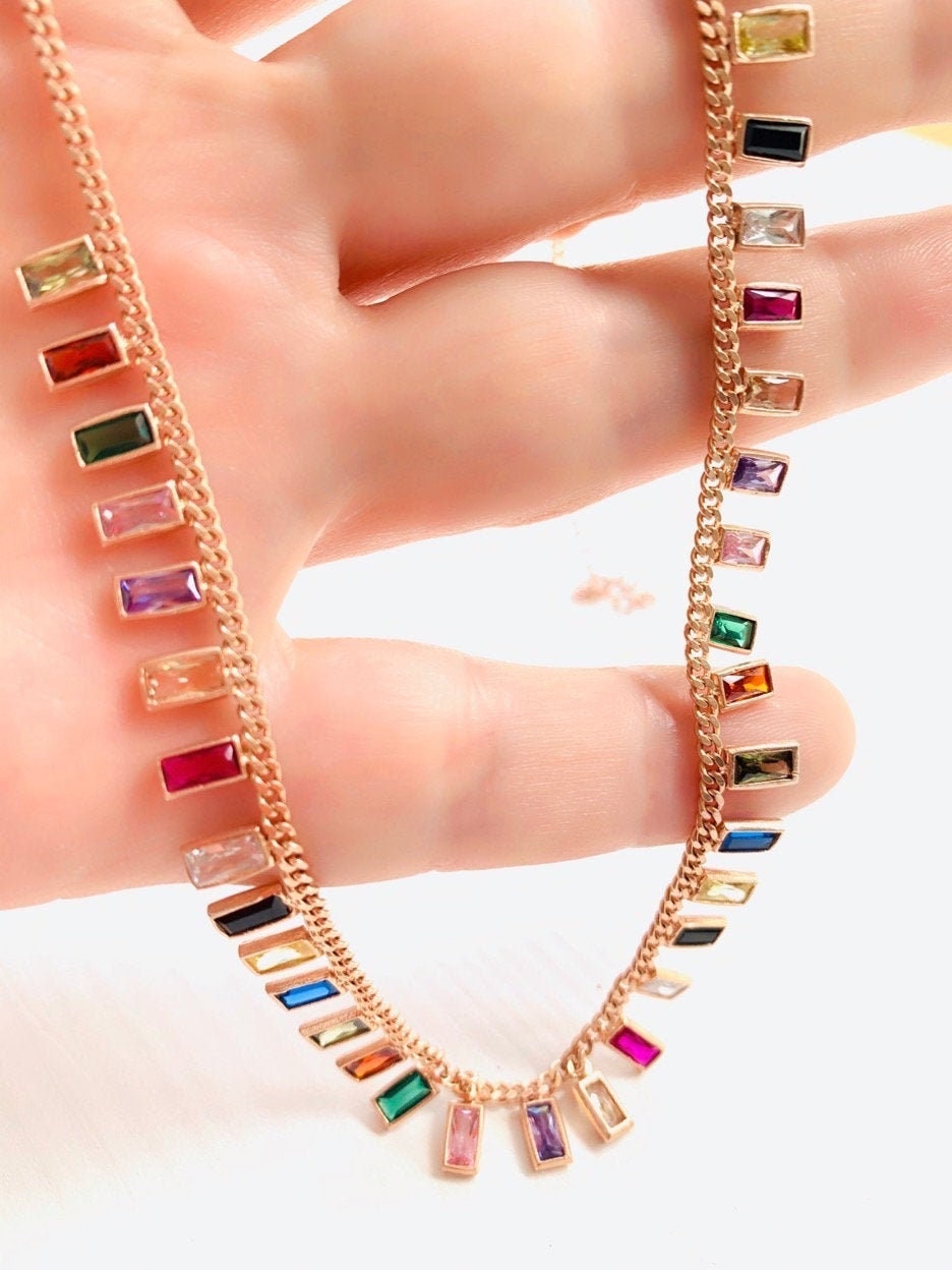Multicolor Baguette Necklace, Baguette Choker, Rainbow Necklace, Drop Dangle Necklace, Colorful Necklace, CZ Necklace, Trendy Necklace, 925