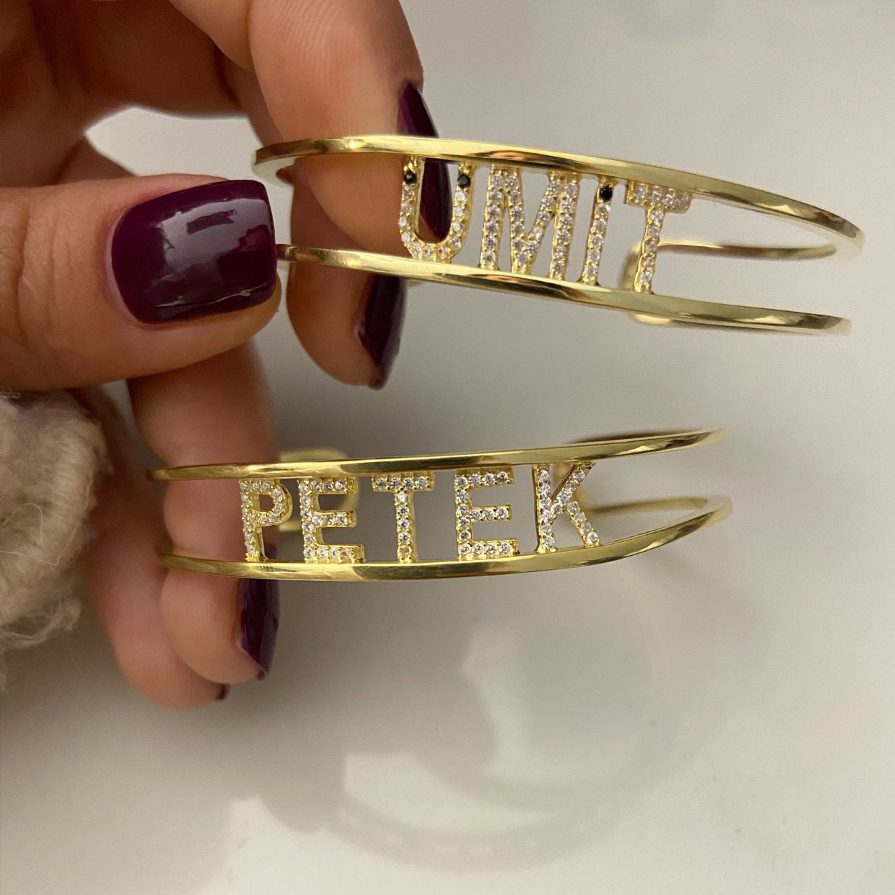 Personalized Cuff Bracelet, Two Name Bracelet, Couples Bracelet, Initial bracelet, Bangle Bracelet, CZ Gemstone Bracelet, Personalized Gift