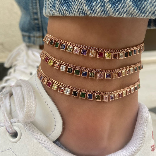 Dangle CZ Stone Anklet, Crystal Diamond Anklet, Dangle Gemstone Anklet, Summer gift, Beach Jewelry, 14K Rose gold Anklet, Ankle Bracelet