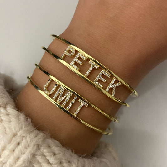 Personalized Cuff Bracelet, Two Name Bracelet, Couples Bracelet, Initial bracelet, Bangle Bracelet, CZ Gemstone Bracelet, Personalized Gift